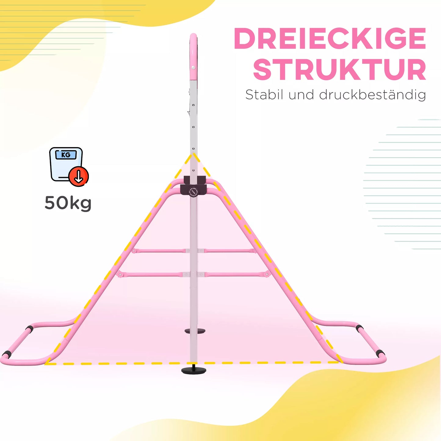 Vaikiškos gimnastikos lygiagretės su žiedais, reguliuojamo aukščio, sulankstomos, neslystančios, plieninis rėmas, 148x105x88-128 cm, rožinės