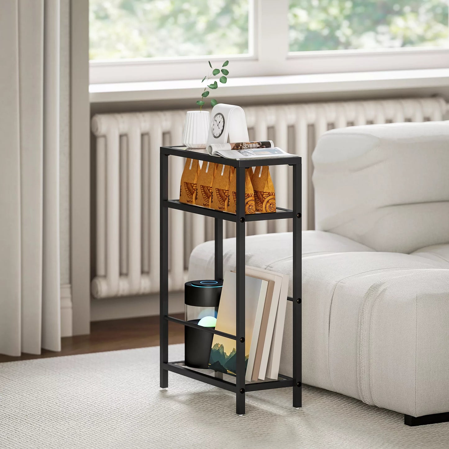 3 pakopų lentyna su stiklinėmis plokštėmis, 18 cm pločio, plieninis rėmas, skersinės atramos, juoda