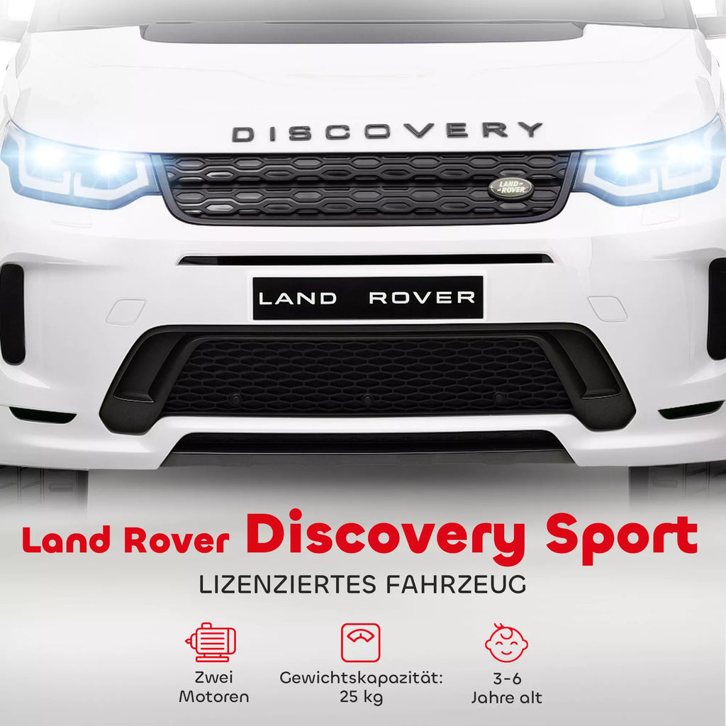 Informacinė grafika apie baltą Land Rover Discovery elektromobilį