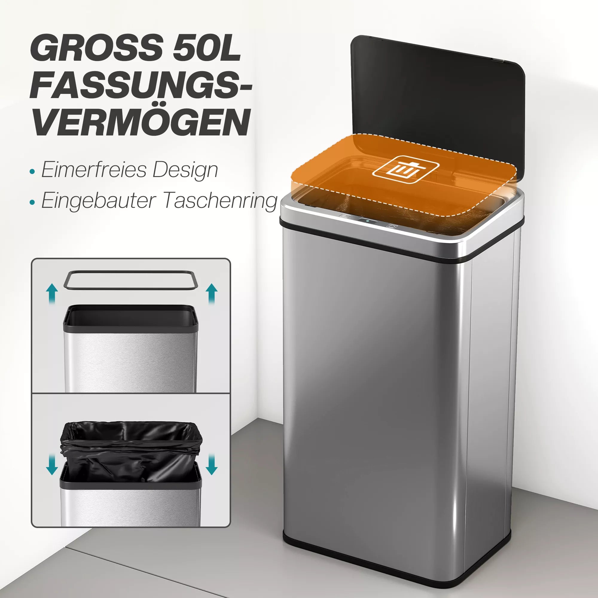 Jutiklinis šiukšlių konteineris 50 l Nerūdijančio plieno automatinis šiukšlių konteineris su minkštu uždarymo dangčiu Judesio jutiklis 35,5 x 26 x 67 cm Sidabrinis