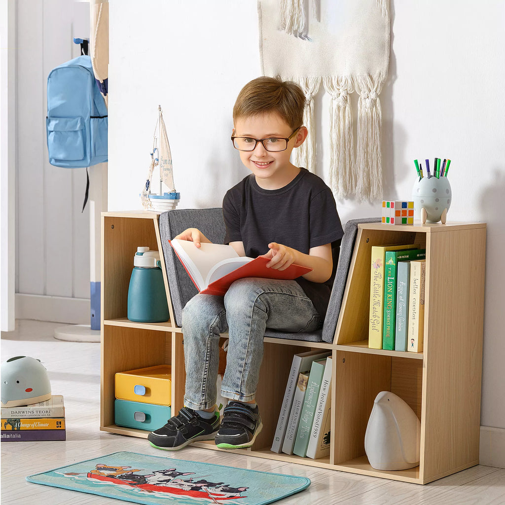 2-in-1 vaikų lentynos lentynos + suoliukas su pagalvėlėmis 103 cm × 30 cm × 62 cm Balta + Pilka