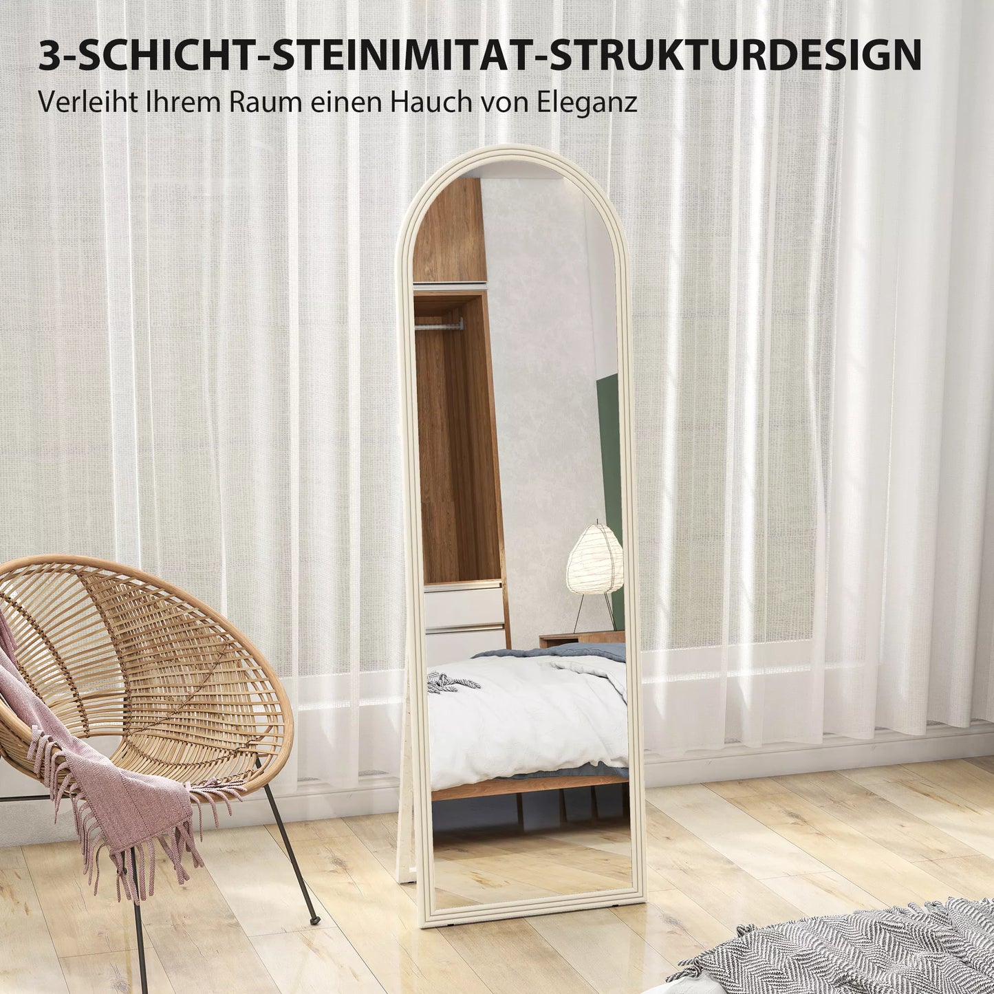 Viso kūno veidrodis, 50 x 160 cm, laisvai pastatomas, tvirtinamas prie sienos, su lenktu rėmu, baltas