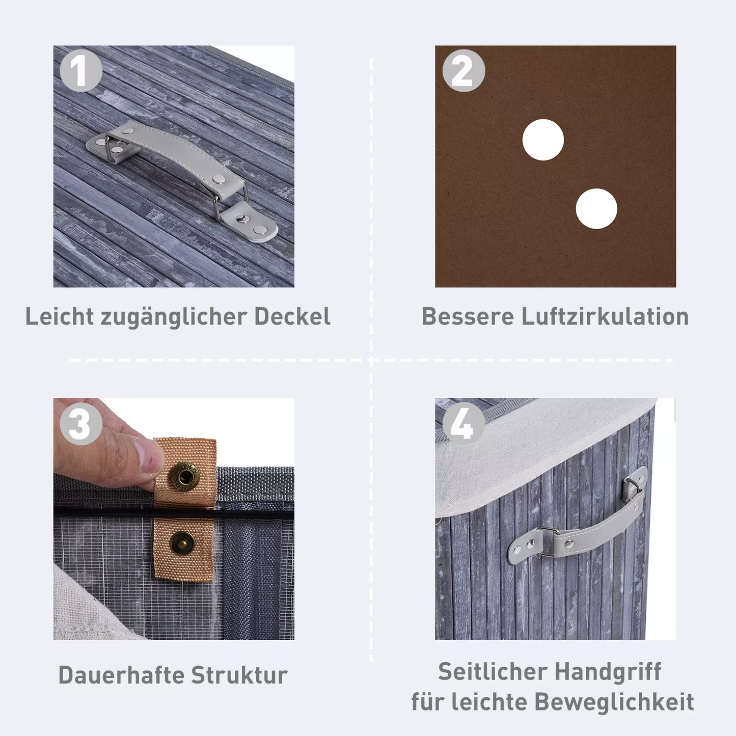 Bambukinė skalbinių dėžė su dangčiu, 100 L, skalbinių surinktuvas su PU rankenomis, drobinis skalbinių maišas, skalbinių tvarkytuvas skalbyklai, miegamajam, vonios kambariui, pilka