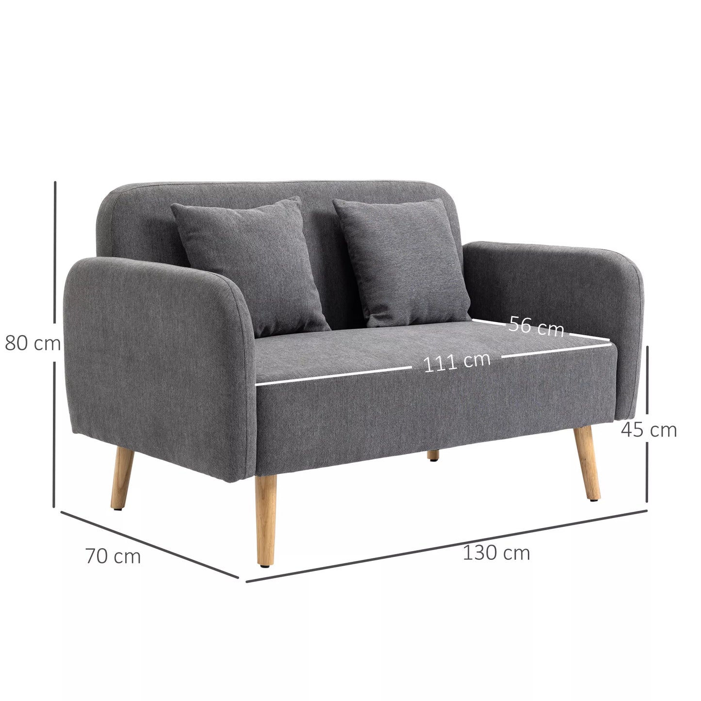 2 vietų sofa su 2 dekoratyvinėmis pagalvėlėmis, mažas dvivietis fotelis su modernia aksomine apdaila, pilka 130 x 70 x 80 cm