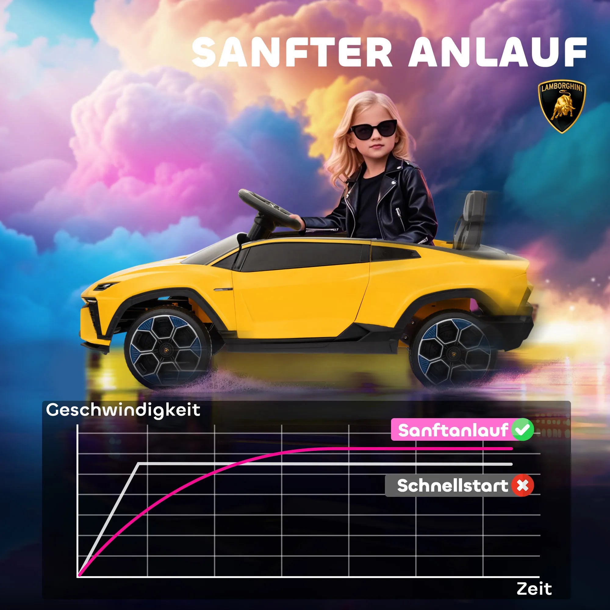 Vaikų elektrinis automobilis 12 V Vaikų automobilis su 2,4 GHz nuotolinio valdymo pultu, 2 varikliais, signaline, LED, muzika, 101,5 x 49 x 43 cm, geltonas