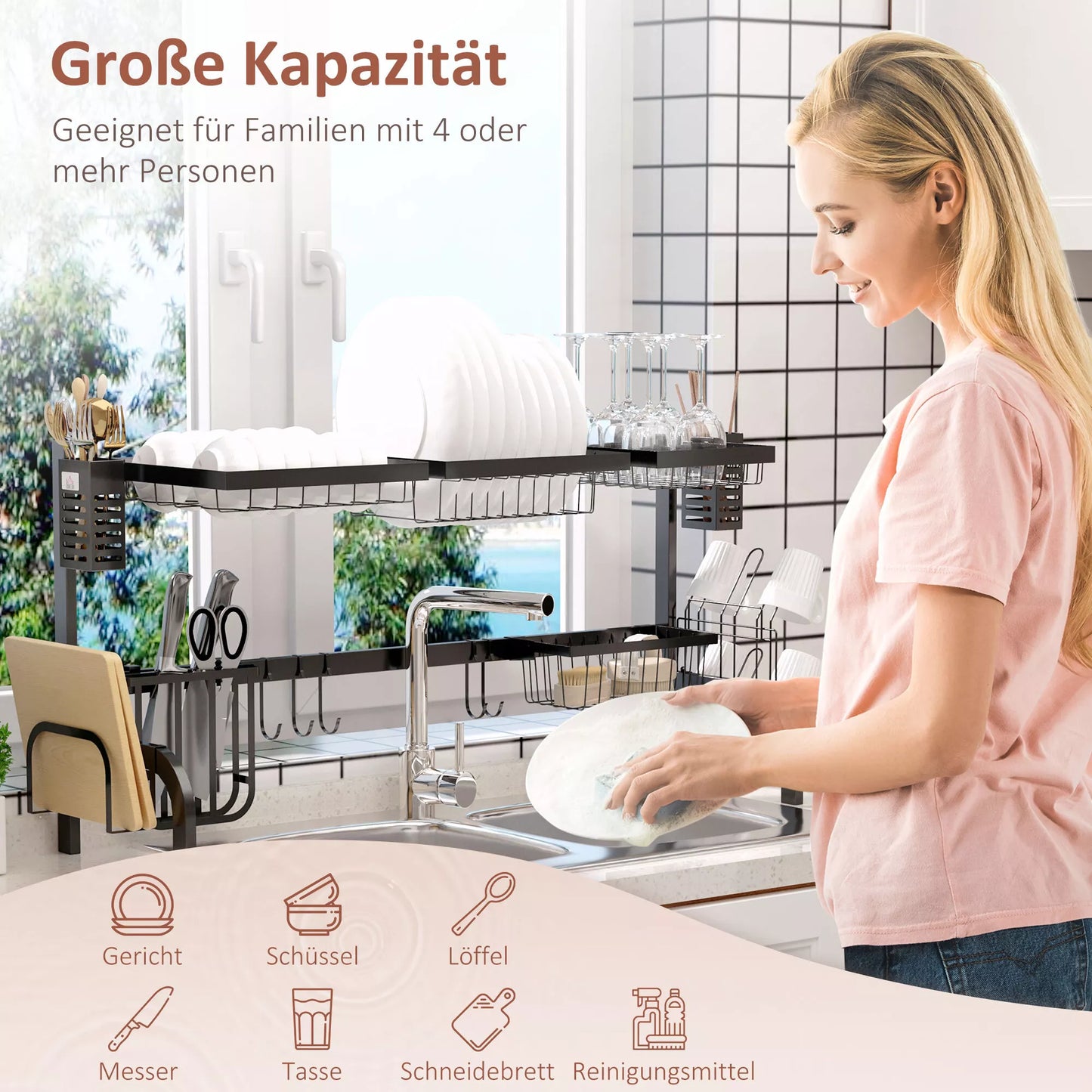 Džiovykla indams, 2 pakopų džiovykla su kabliukais, lentyna lėkštėms, priedai, 100 cm plieno, juoda