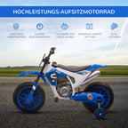 Mėlynai baltas vaikų motociklas su savybių piktogramomis