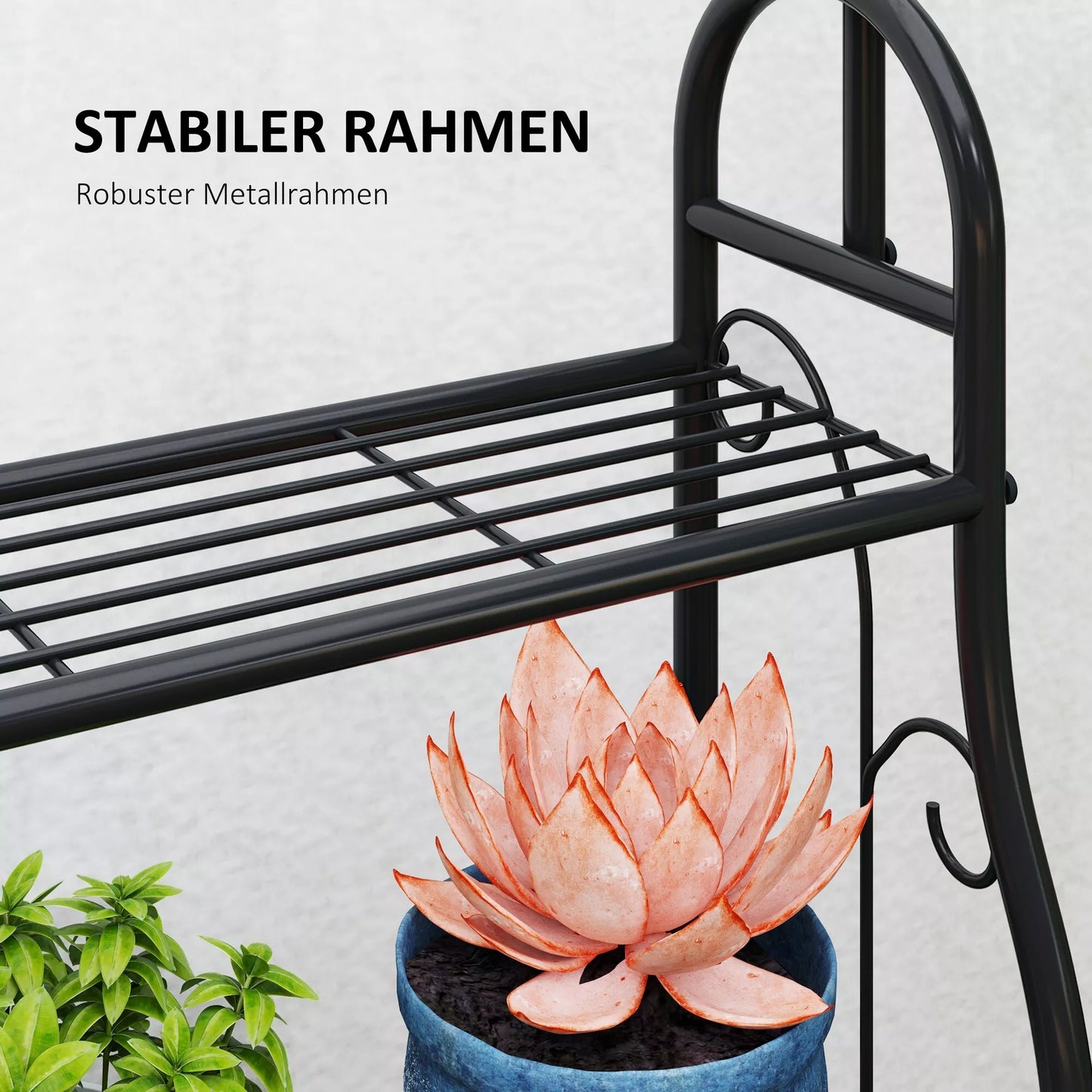 Gėlių lentyna, 3 pakopų augalų lentyna su pakabinimo kabliukais, metalinė lentyna gėlių vazonams, tinkama naudoti viduje ir lauke, juoda.