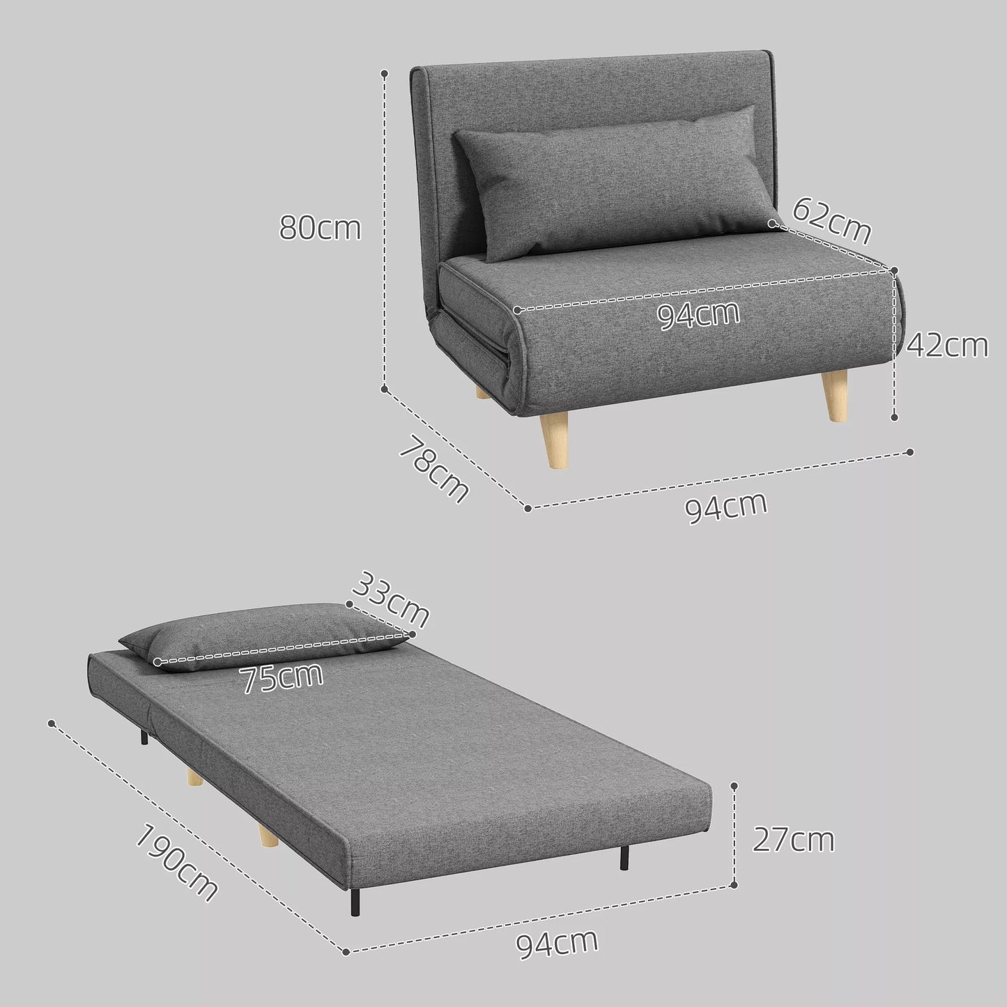Vienvietė sofa, miegama sofa, sulankstoma sofa, reguliuojama nugarėlė, kušetė, nordiška, skandinaviška, 25D putplastis, namams, linas imitacija, kaučiukmedžio mediena, pilka, 94 x 78 x 80 cm