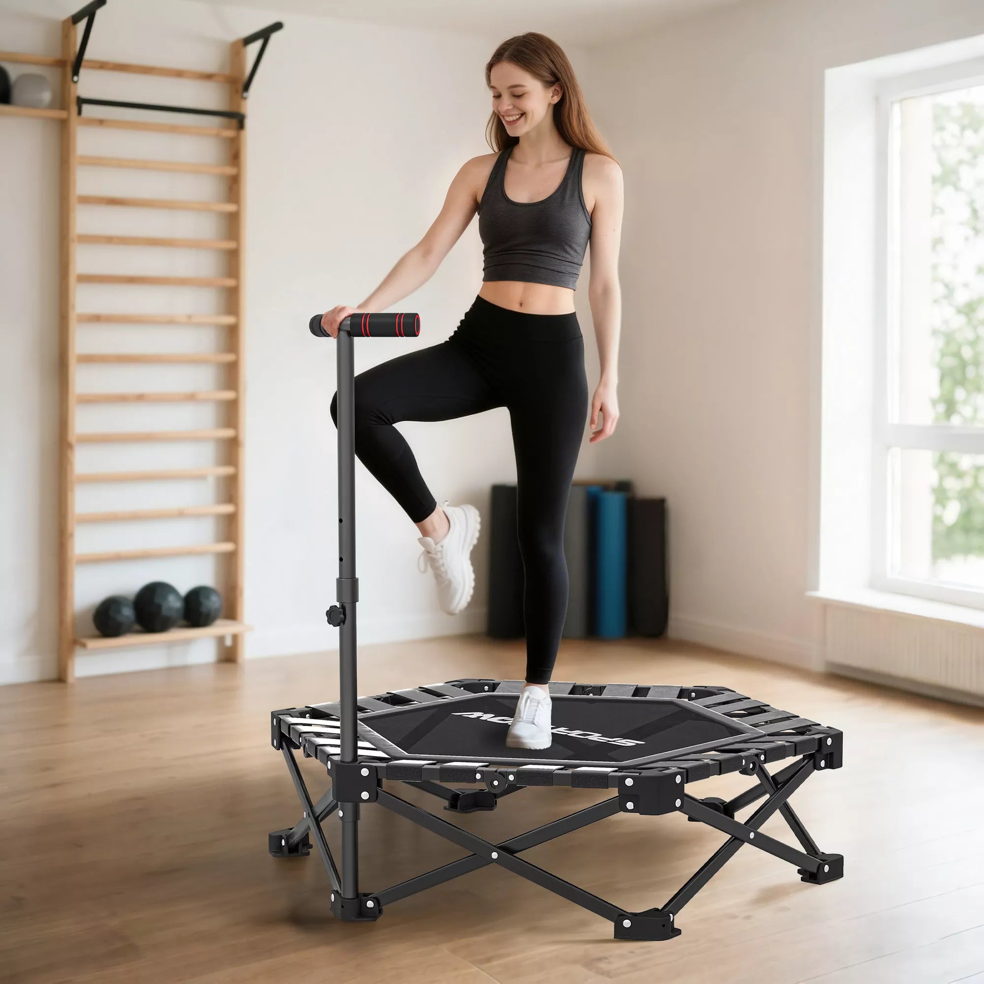 Fitneso batutas su reguliuojama T formos rankena, sulankstomas, su nešiojimo krepšiu, 120 kg apkrova, plienas, plastikas, juodas