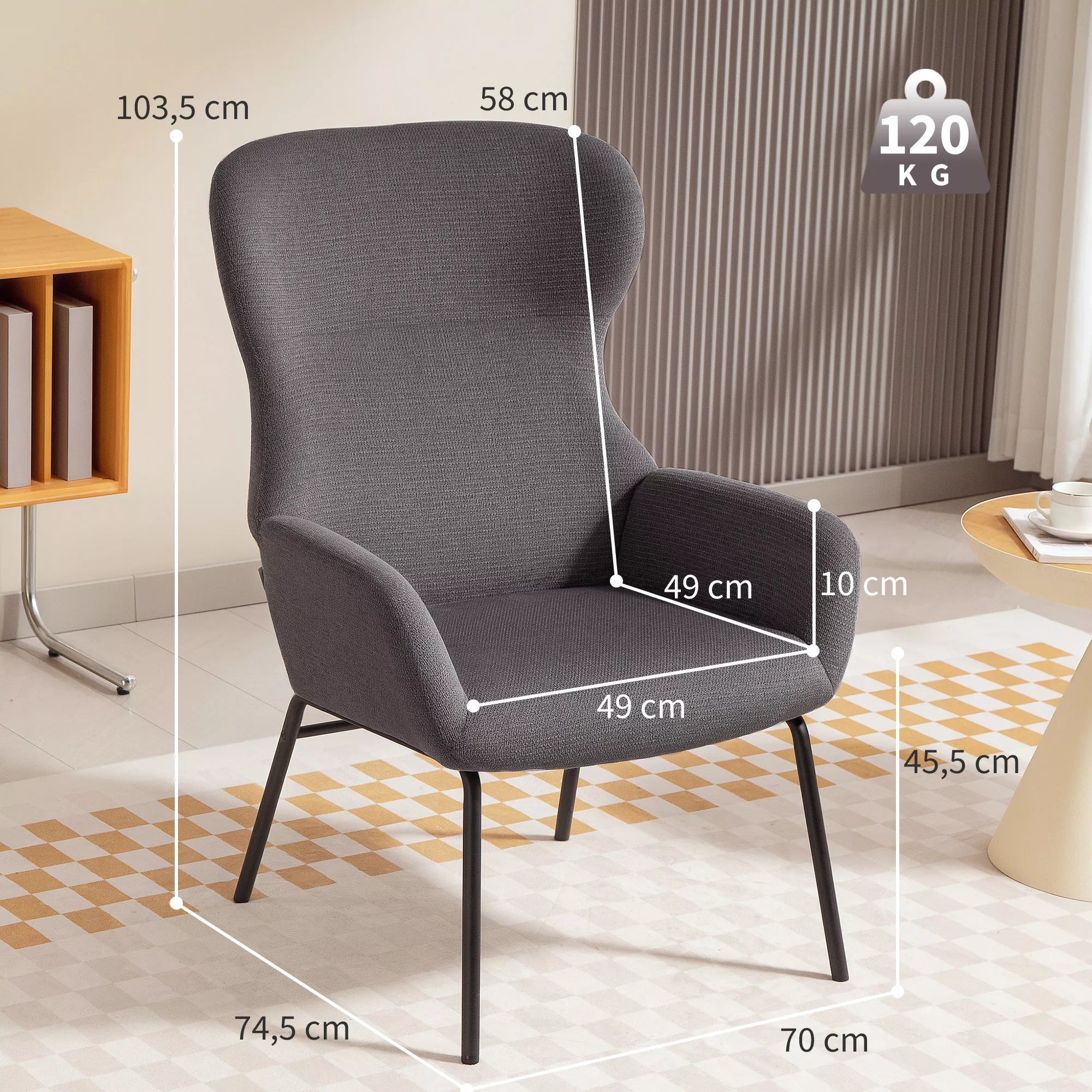 Infografika su tamsiai pilko fotelio matmenimis: 70x74,5 cm pagrindas, 103,5 cm aukštis, 120 kg