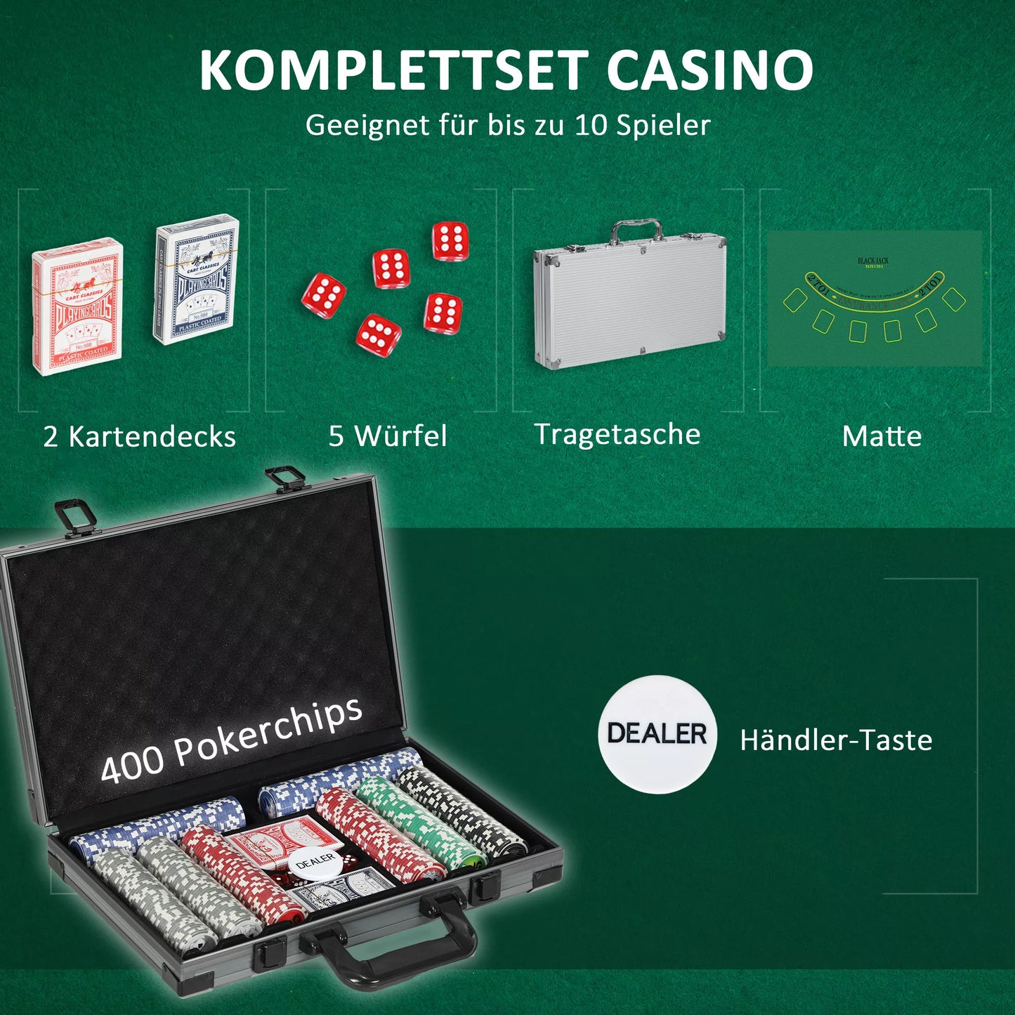 Pokerio rinkinys, Pokerio lagaminas, 400 žetonų, 2 kortų kaladės, 5 kauliukai, Dalintojo žetonas, Kilimėlis