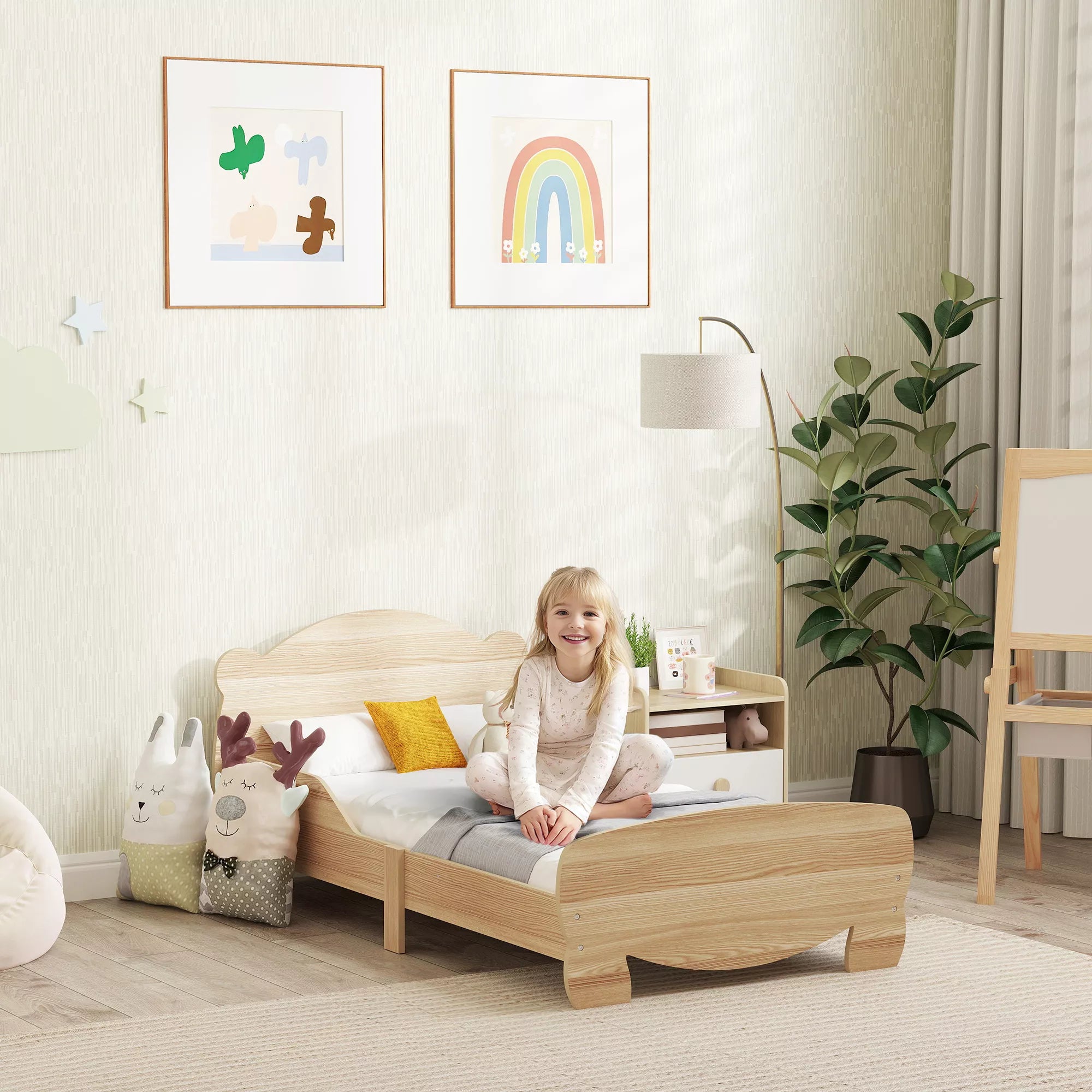 Vaikiška lovytė namelio formos, su apsaugomis, 140x70 cm, 3–6 metų vaikams, natūralaus medžio