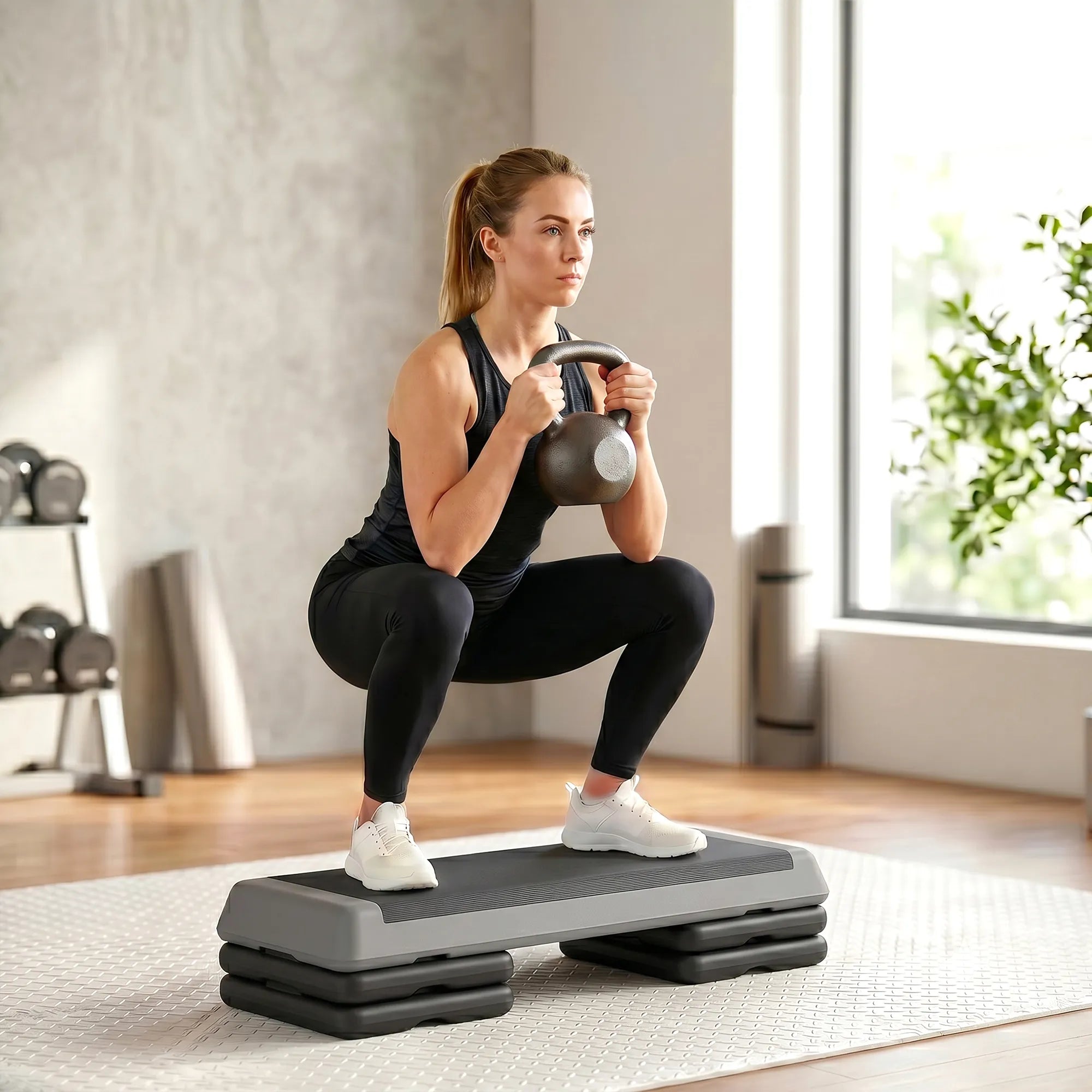 Fitness steperis, reguliuojamo aukščio, iki 250 kg, pilkas