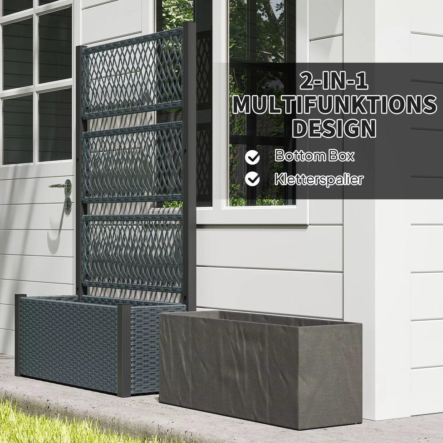 Aukštas gėlių vazonas su rotango imitacijos grotelėmis Gėlių dėžė su atrama 90 x 35 x 148 cm Tamsiai pilka