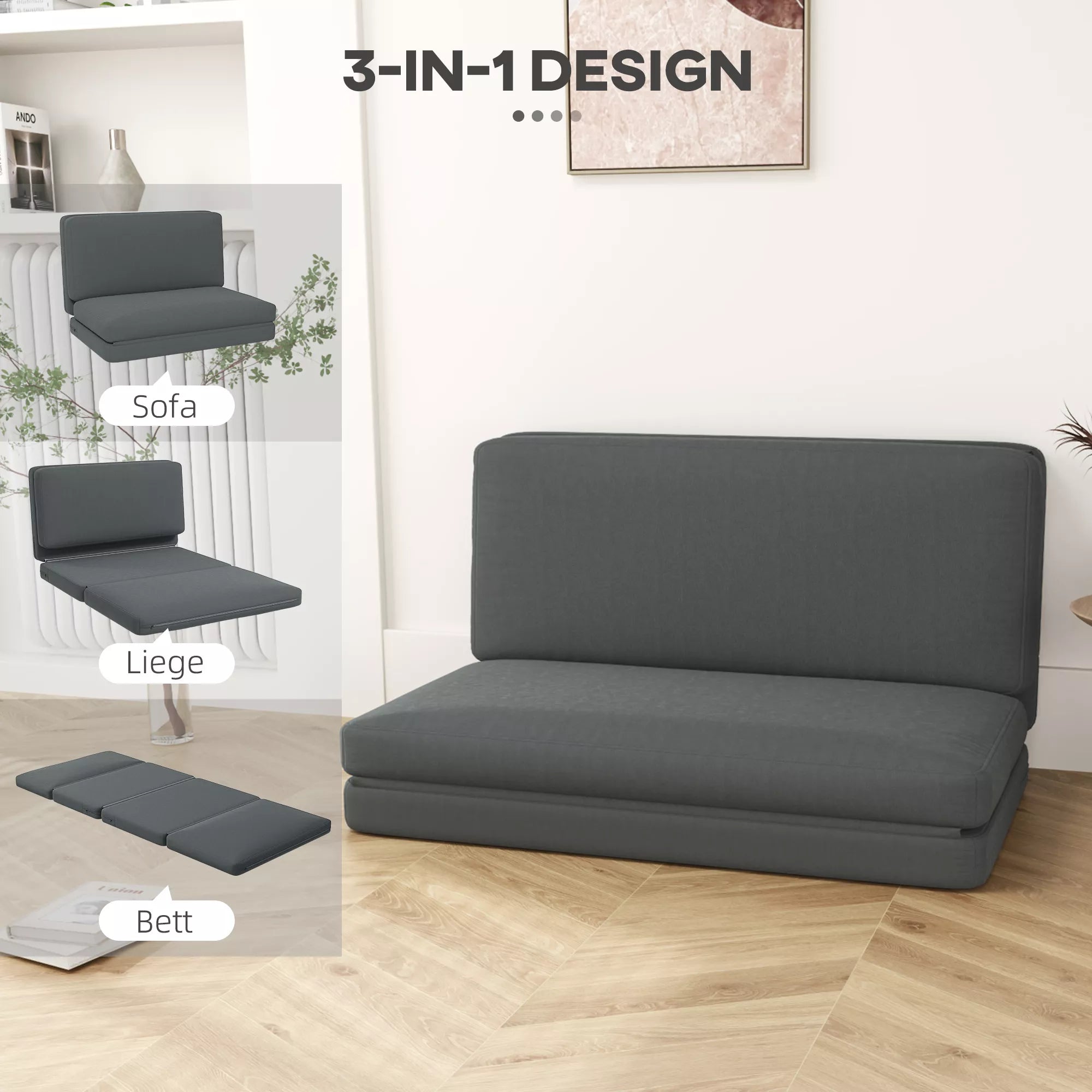 3-in-1 sulankstomas poilsio krėslas, svečių čiužinys, dalomas, 138 cm pločio, tamsiai pilkos spalvos