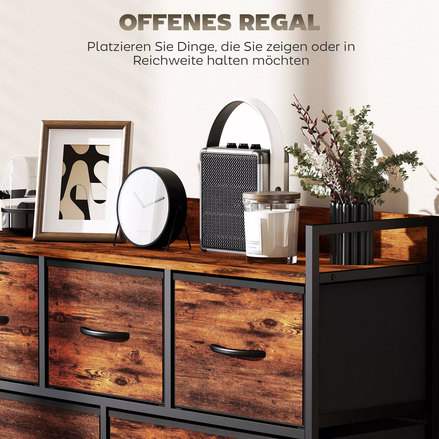 Komoda su sulankstomais audinio stalčiais, melamino mediena, plieninis rėmas, ruda