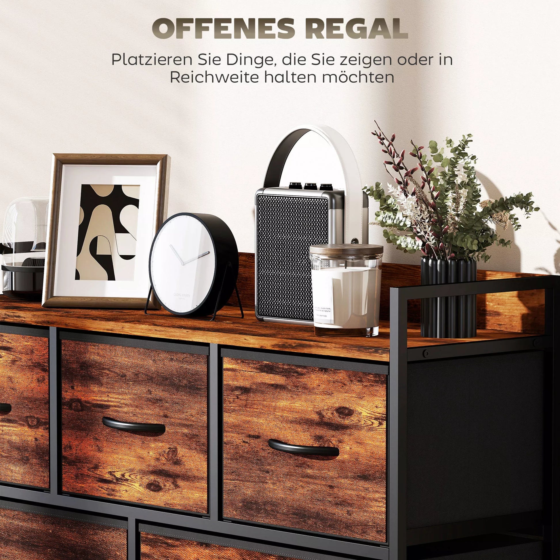 Komoda su sulankstomais audinio stalčiais, melamino mediena, plieninis rėmas, ruda