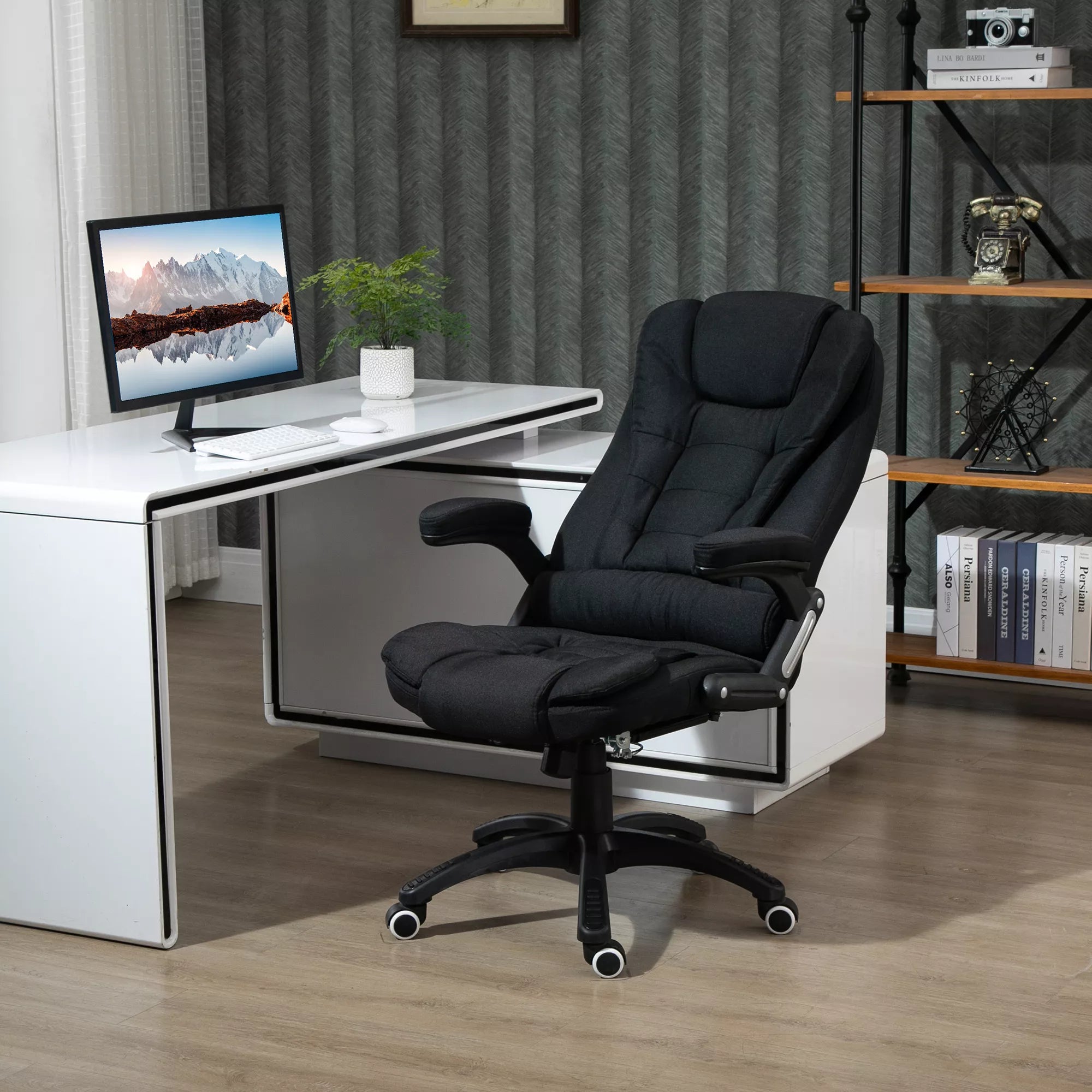 Biuro kėdė, kompiuterio kėdė, atlošiama poilsiui, aukščio reguliavimo rašomojo stalo kėdė, ergonomiška, 360°, putplastis, plastikas, lininis poliesteris, juoda, 65 x 72 x 100-120 cm