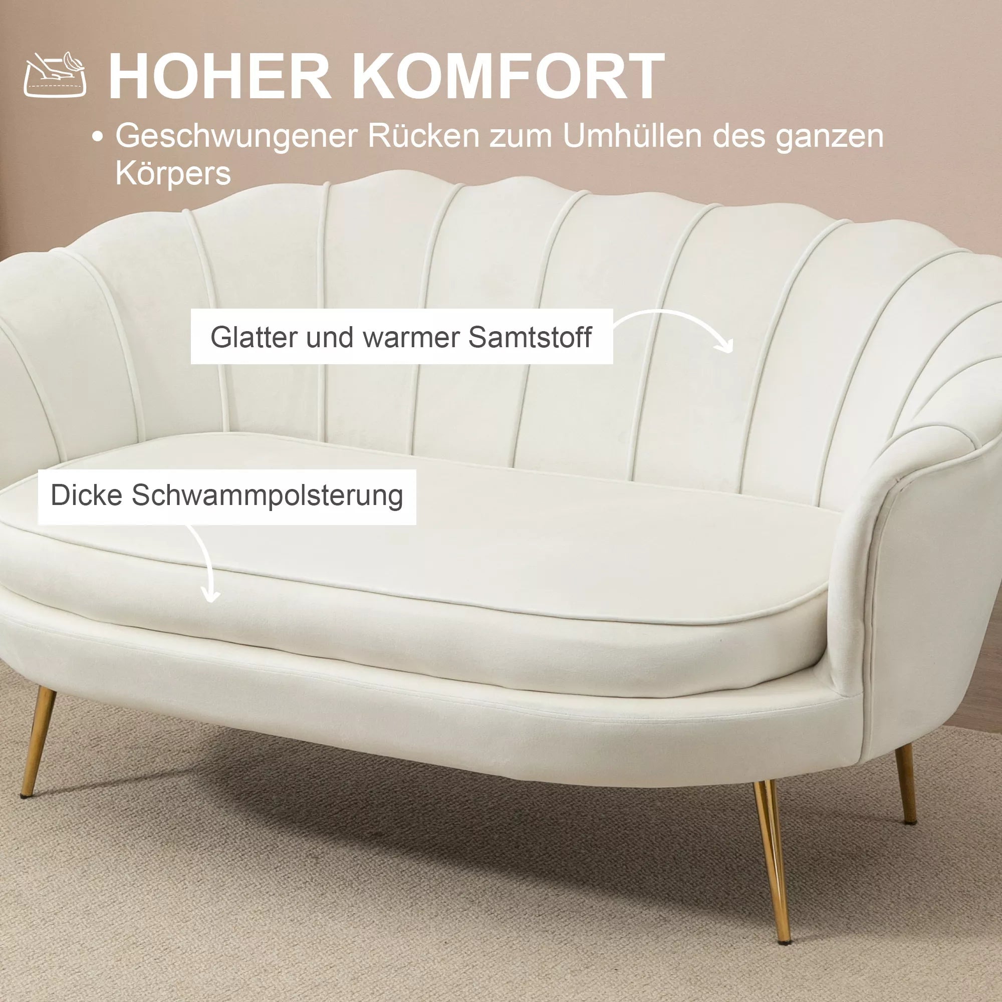 Vintage 2-vietė sofa, kušetė, minkštieji baldai, aksomo išvaizda, iki 150 kg, kreminė/auksinė