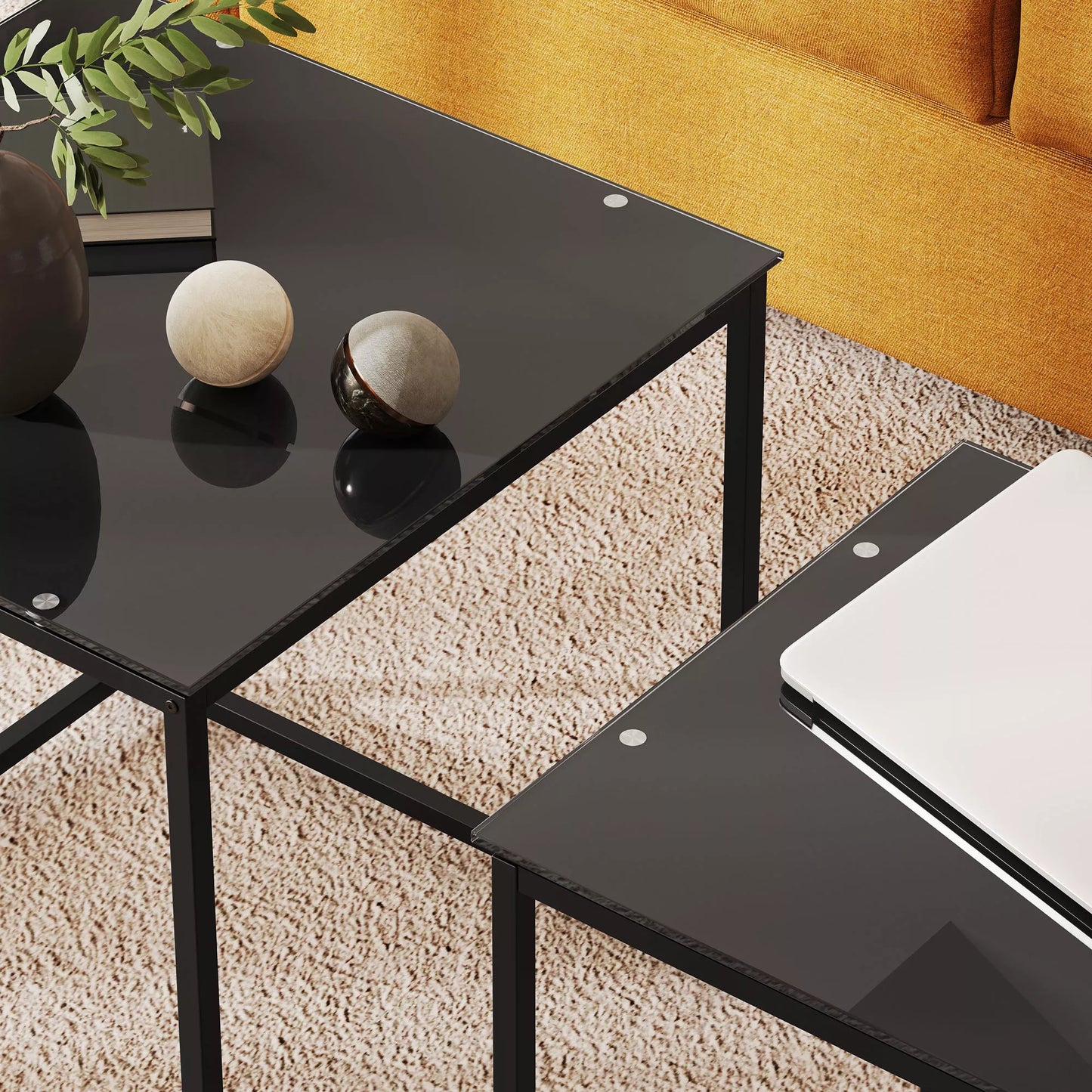 2 vnt. stalelių rinkinys, modernaus dizaino, sukraunami, stiklinis staliukas, juodas