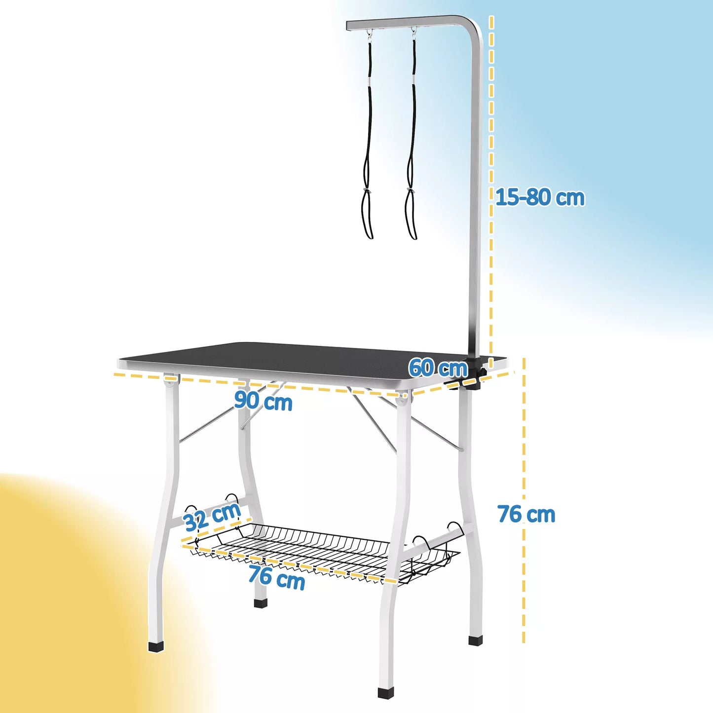 Šunų priežiūros stalas, kirpimo stalas su reguliuojamu laikikliu, laikymo skyrius, gumine danga, 90 x 60 x 76 cm, Juodas