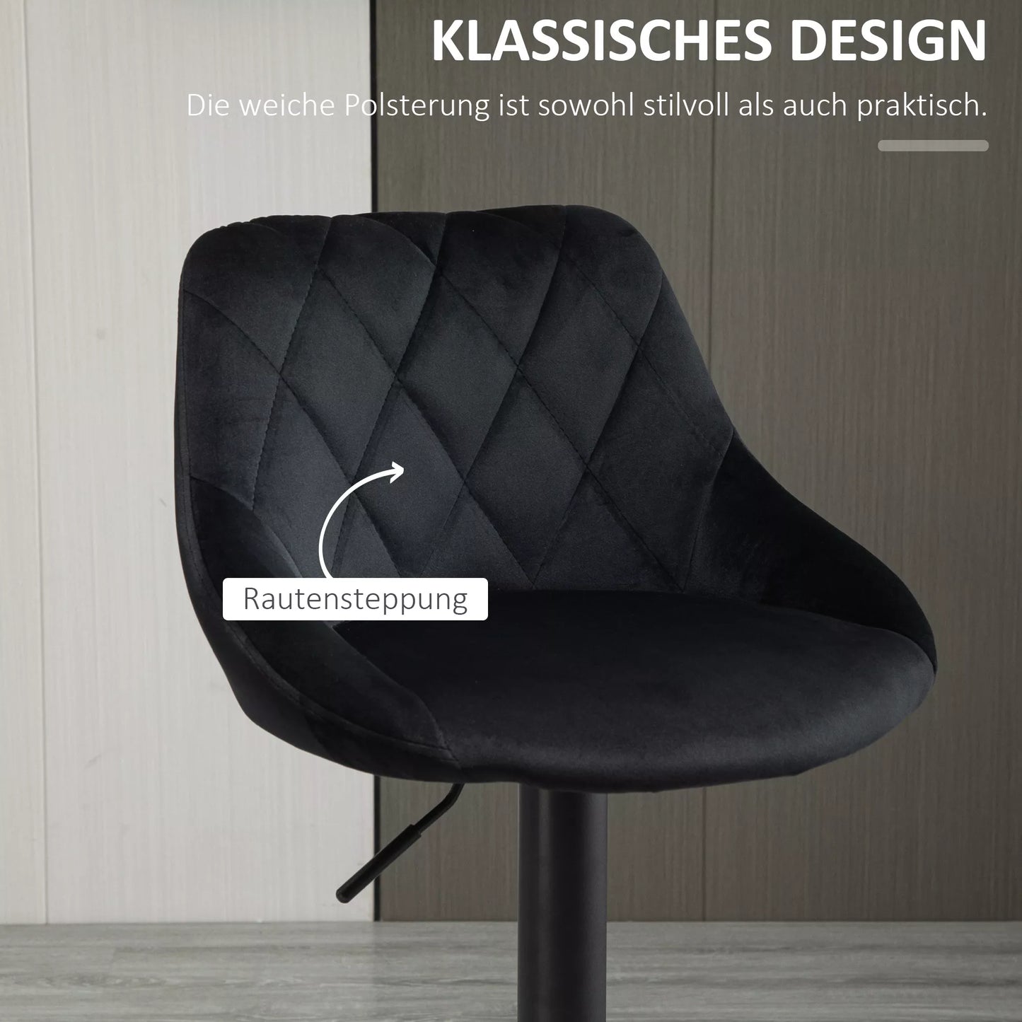 Baro kėdžių komplektas iš 2 vnt., reguliuojamo aukščio, pasukamos, su dirbtinio aksomo apdaila, atlošu, deimantų raštais ir atrama kojoms, tinkančios barui, skaitliukui, valgomajam, plieno juodos spalvos