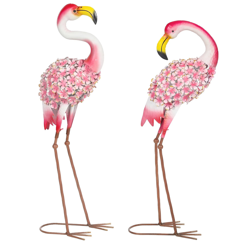 Flamingų sodo statulėlių rinkinys su gėlių motyvais, stovinčios skulptūros, metalas, 2 vienetai, raudona