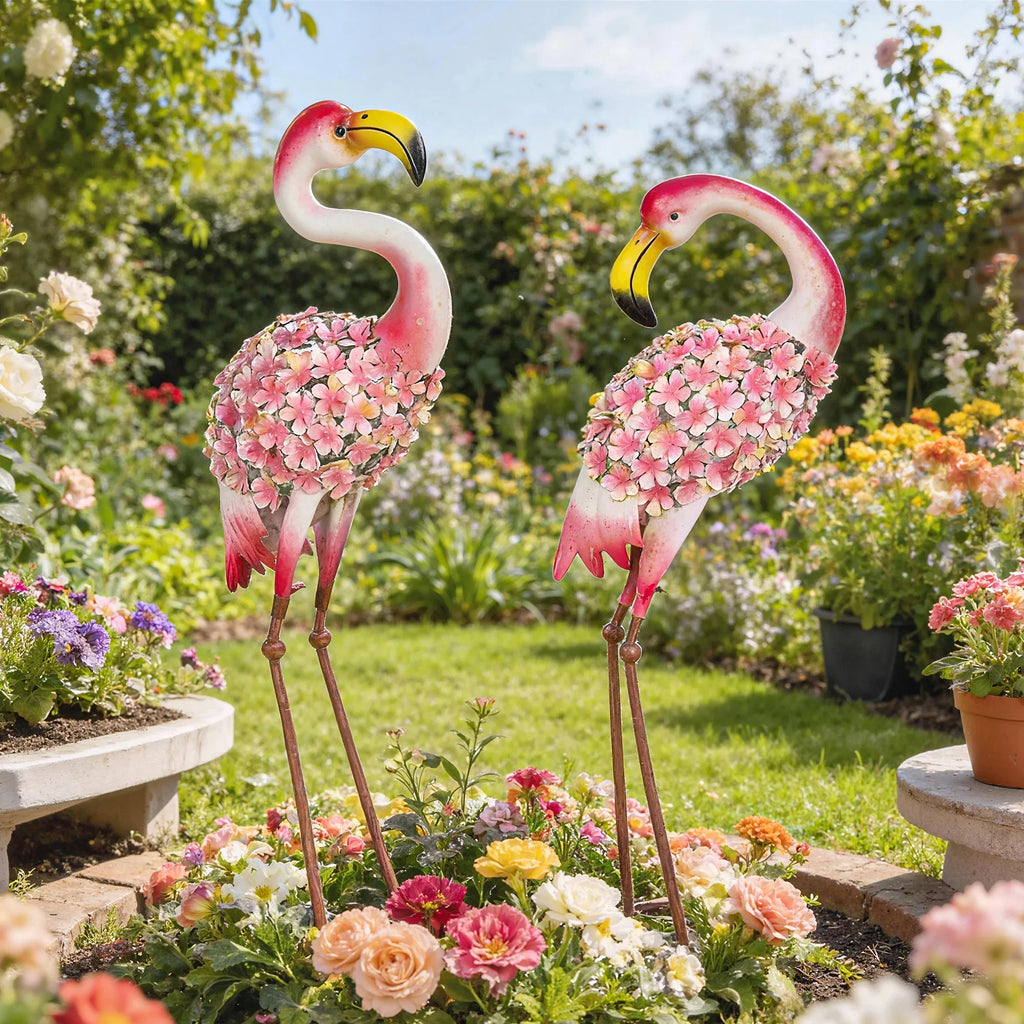 Flamingų sodo statulėlių rinkinys su gėlių motyvais, stovinčios skulptūros, metalas, 2 vienetai, raudona