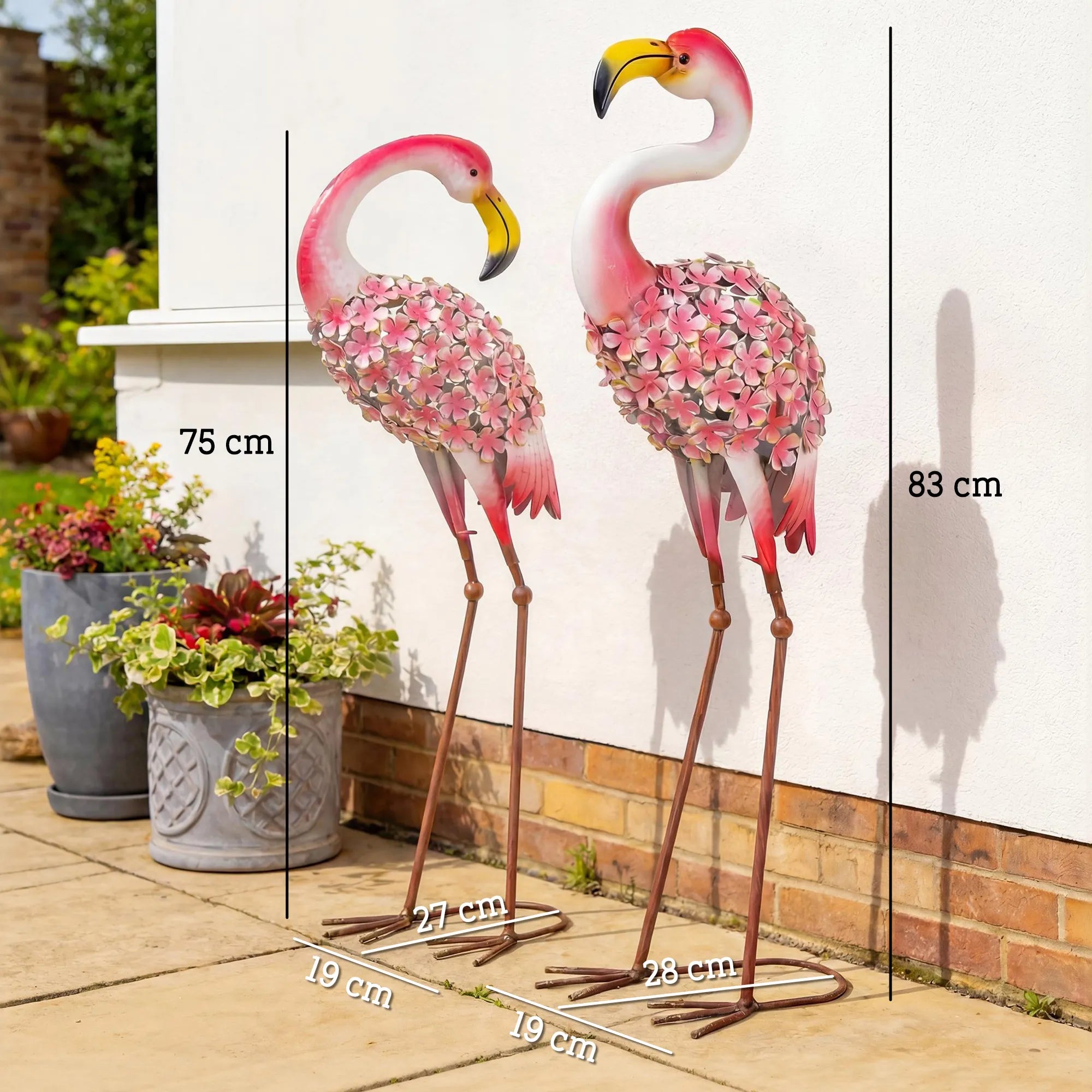 Flamingų sodo statulėlių rinkinys su gėlių motyvais, stovinčios skulptūros, metalas, 2 vienetai, raudona