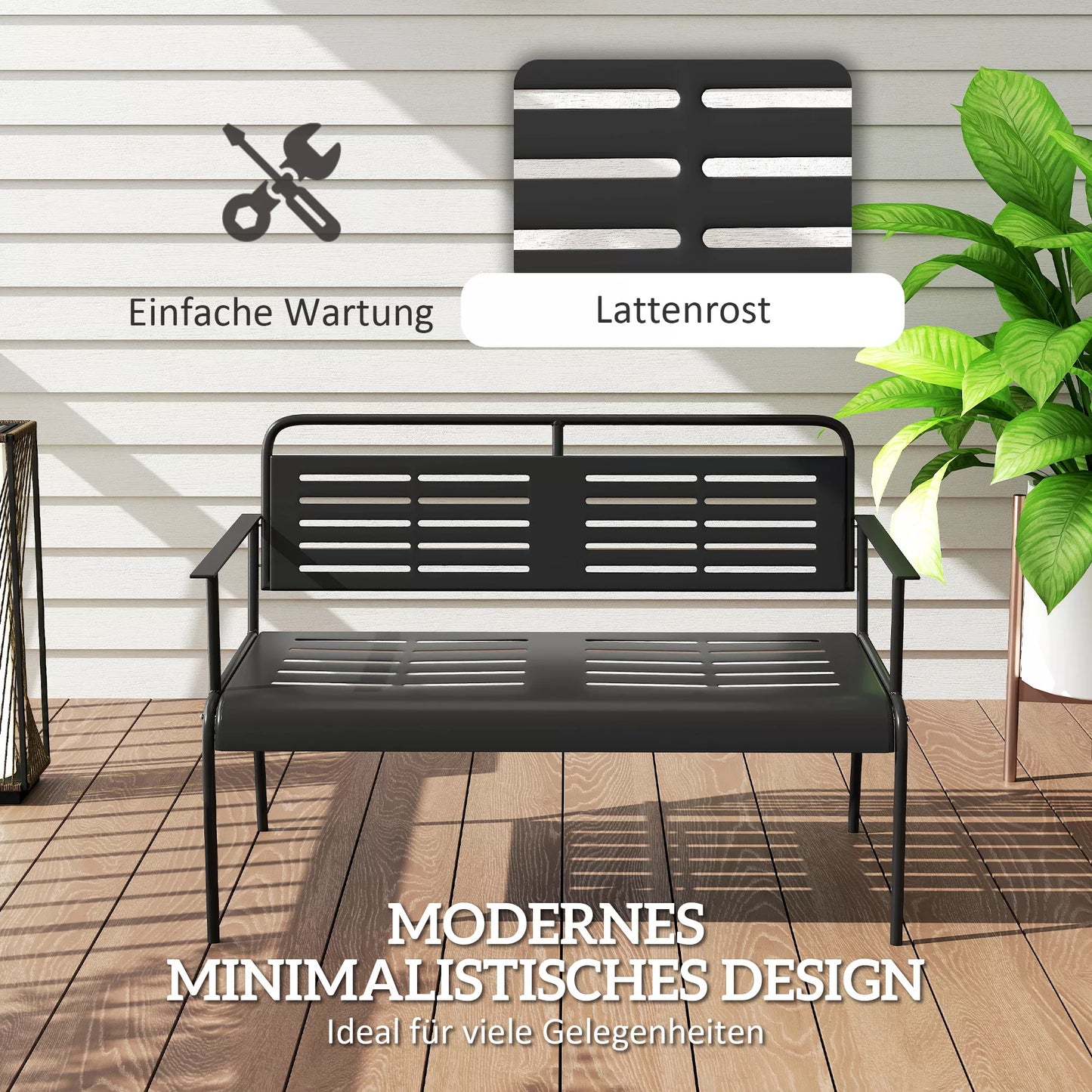 Dvivietis lauko suoliukas, atsparus oro sąlygoms, vandeniui atstumiantys lauko baldai su atlošu ir porankiais 121 x 64 x 84cm, juodas