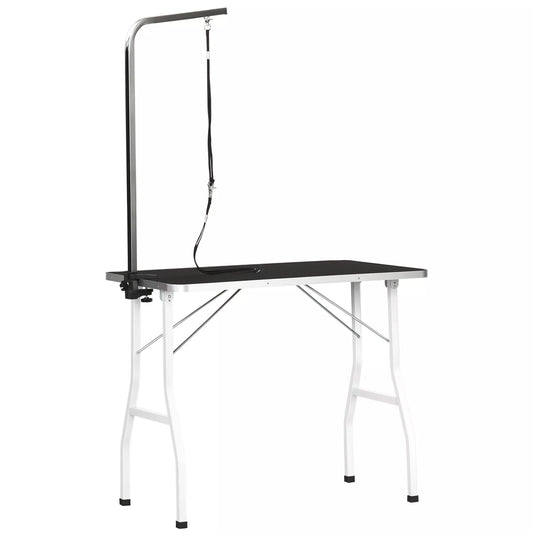 Reguliuojamo aukščio juodas gyvūnų priežiūros stalas šunims su diržais, skirtas namų voniai, džiovinimui ir kirpimui