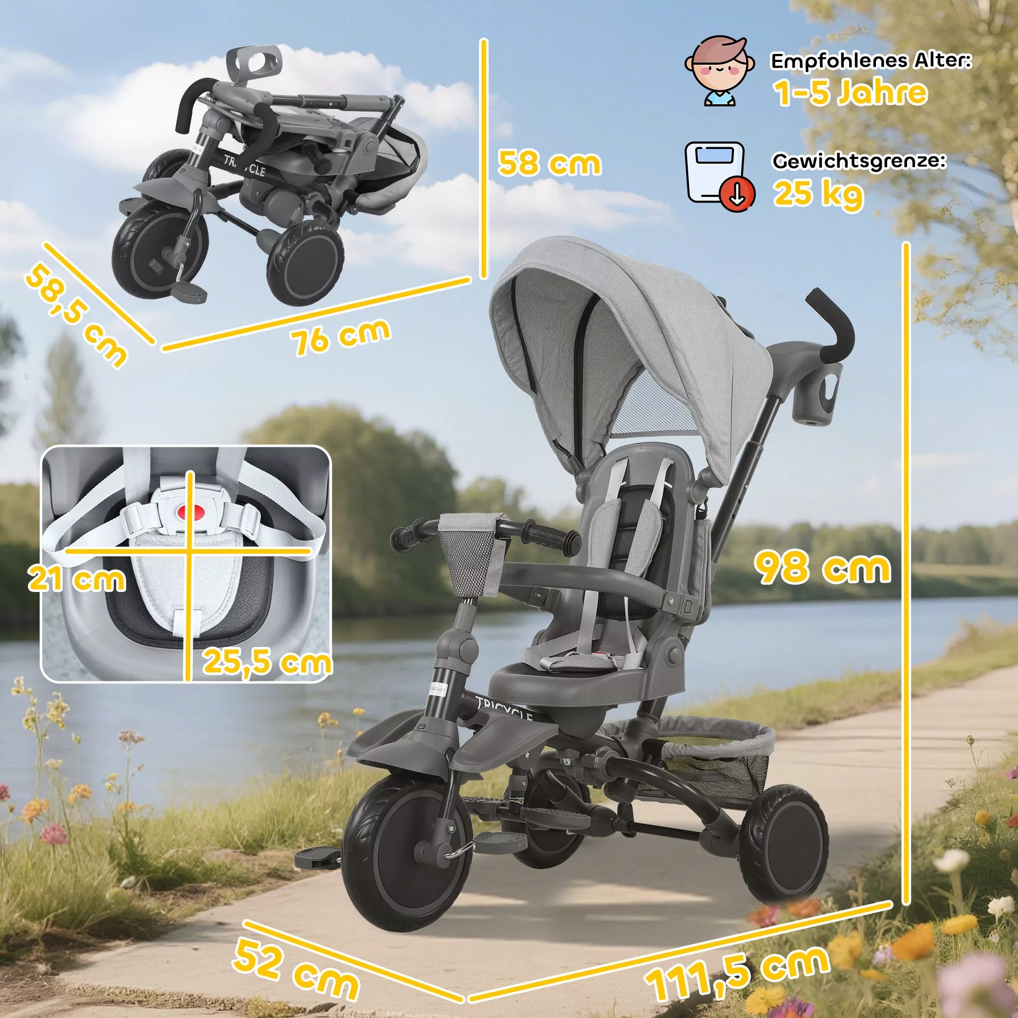 Pilkas vaikiškas triratis su stumiamaja rankena, stogeliu ir saugos diržu iš šono