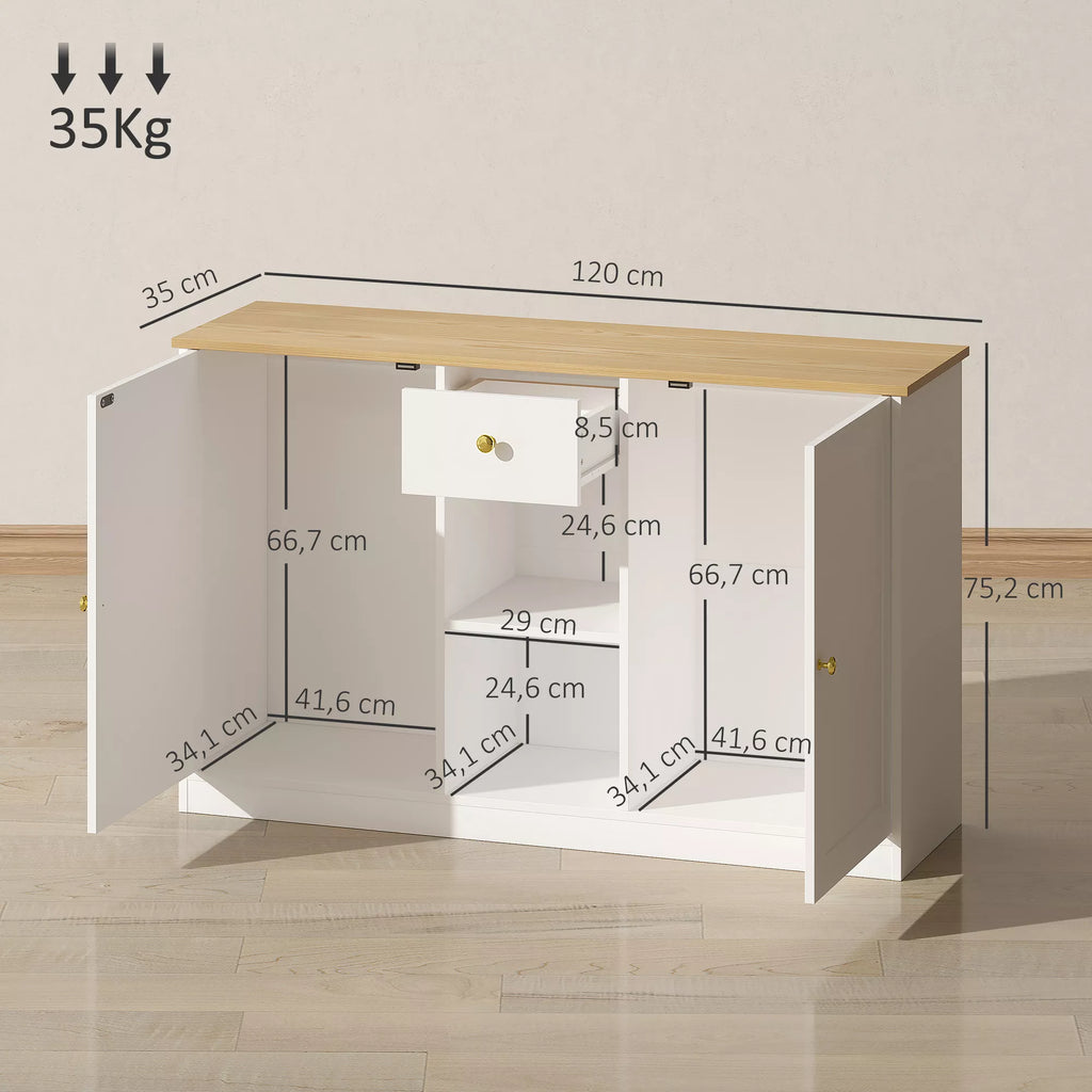 Komoda 120 cm su stalčiumi ir lentynomis, balta