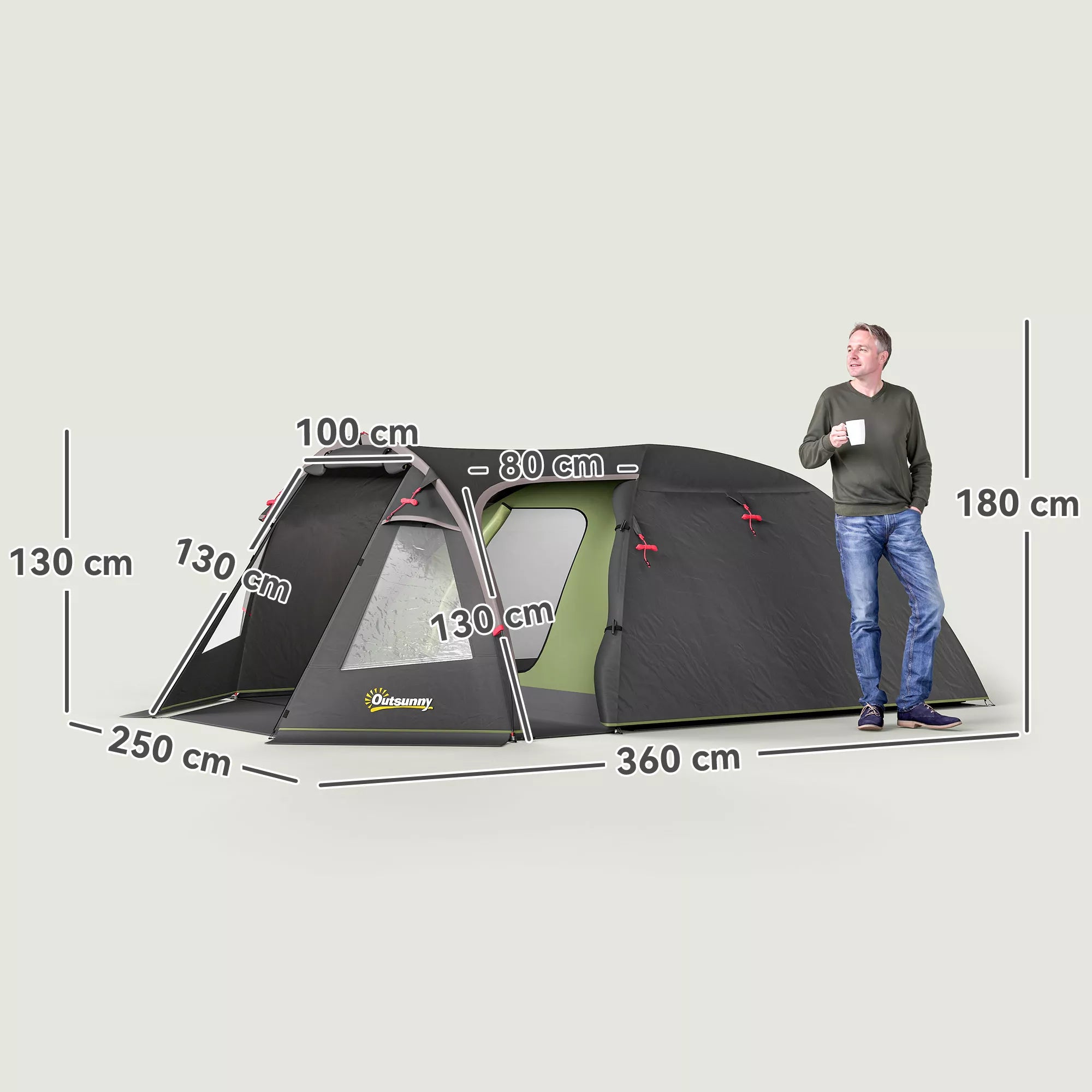 Tunelinė palapinė 4 asmenims, lengva, tvirta, nepralaidi vandeniui, UV 50+, kempingo palapinė su stogu, dvigubomis durimis, juoda