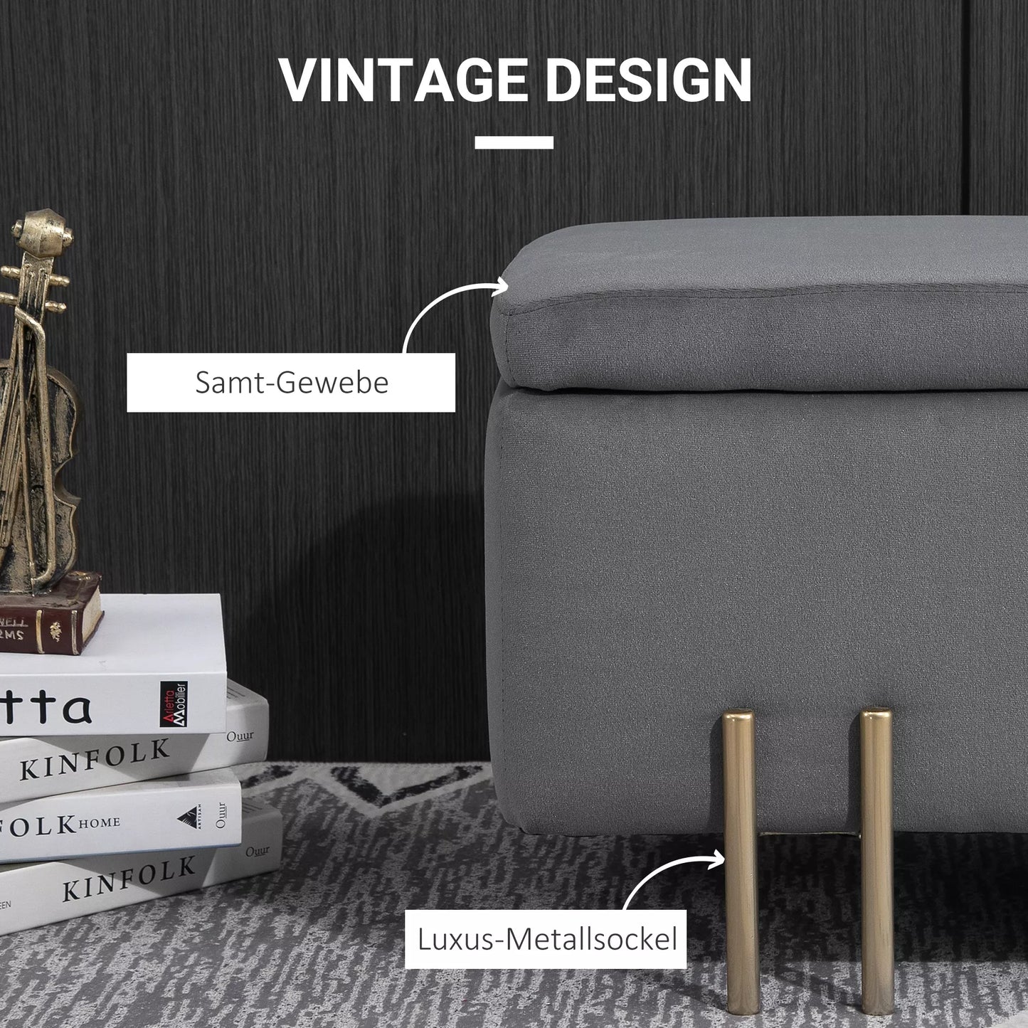 Suolas su daiktadėže, paminkštintas su aksomo išvaizda, sėdimoji skrynia su metalinėmis kojomis, skrynios formos suolas svetainei, miegamajam, koridoriui, 100 x 40 x 42 cm, tamsiai pilkas