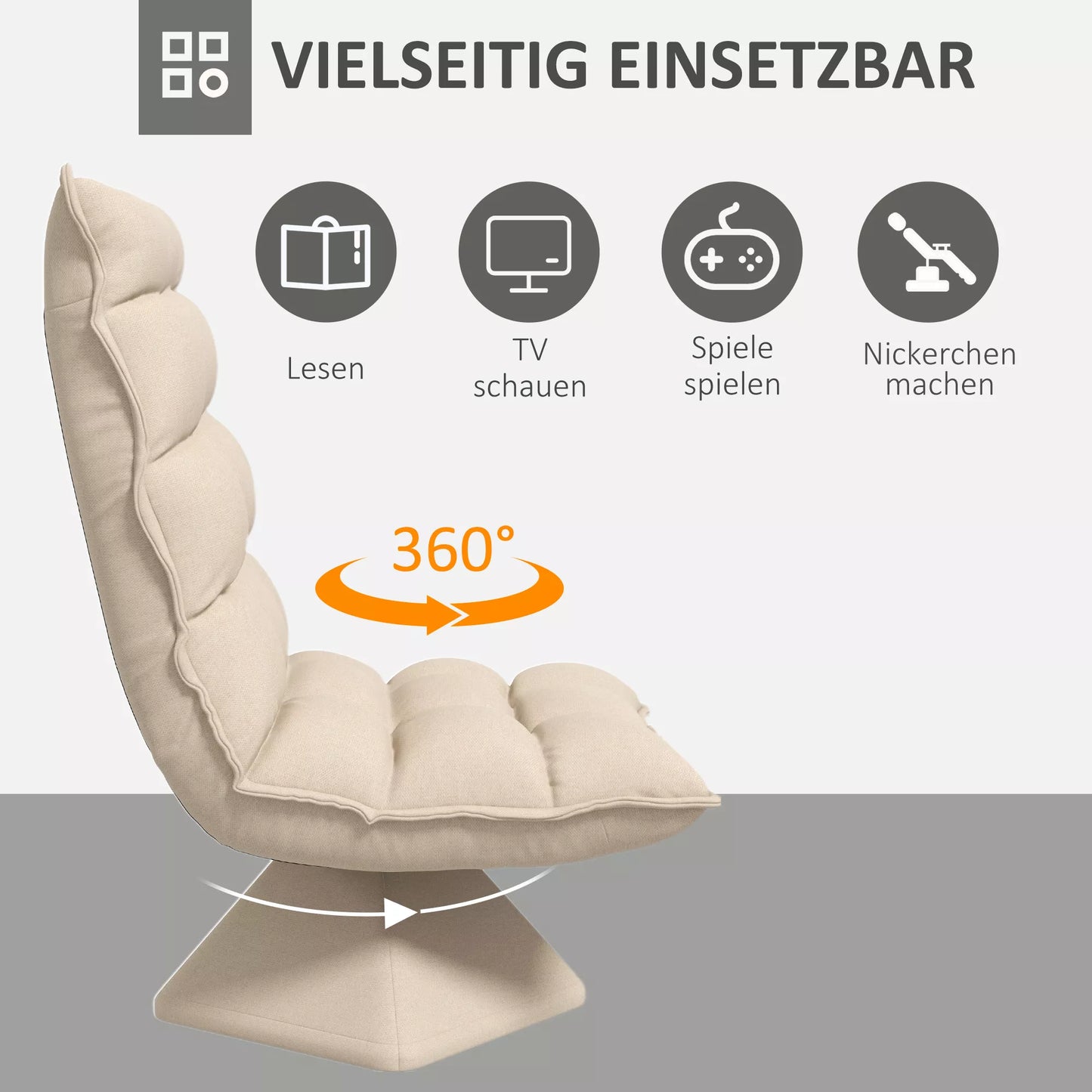Relaksacinis skaitymo krėslas, sukamasis, lininio audinio išvaizda, 62 cm x 70 cm x 95 cm, smėlio spalvos