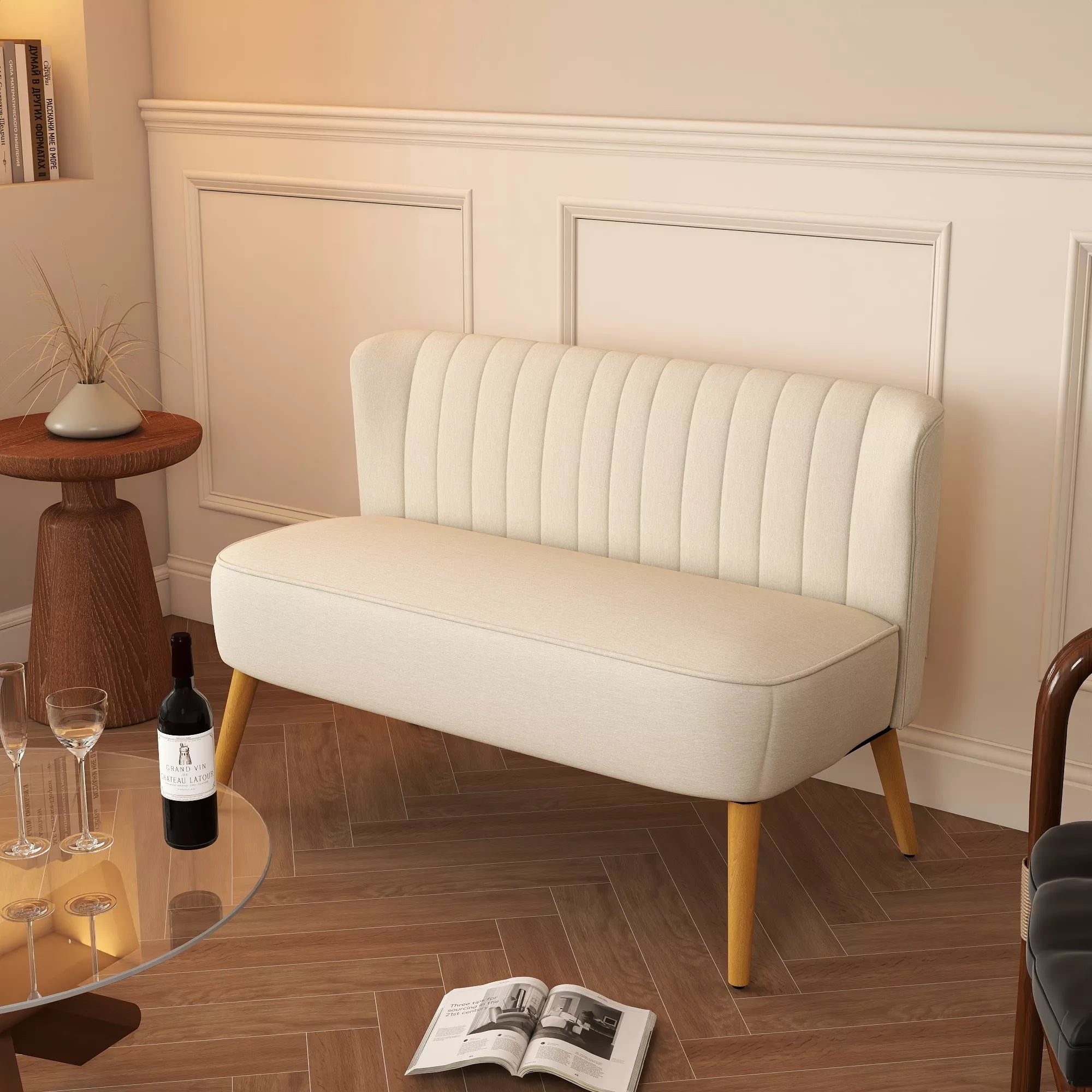 2 vietų sofa, minkštas paminkštinimas, lengvai prižiūrimas užvalkalas, iki 150 kg, 117 x 56,5 x 77 cm, kreminės baltos spalvos