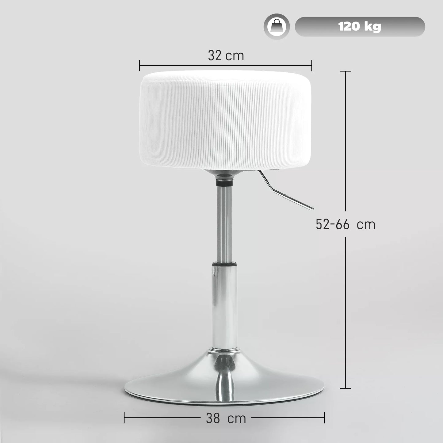 Baro kėdė, minkšta baro kėdė su metaliniu rėmu, kordoinės išvaizdos, reguliuojamo aukščio, 360° besisukanti balta