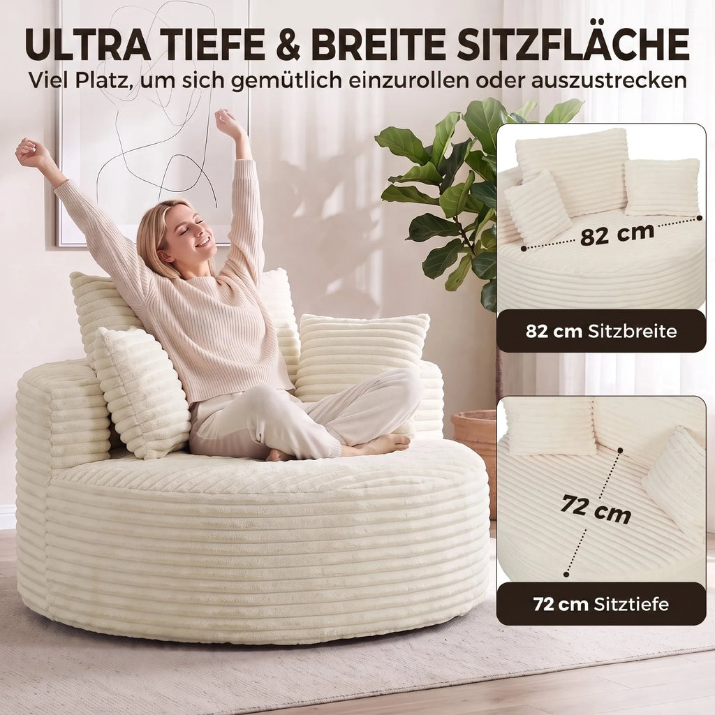Fotelis apvalus su gilia sėdyne, su 4 pagalvėmis, kreminė