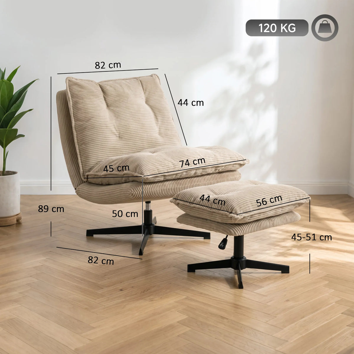 Fotelio su pufu matmenų schema centimetrais, nurodyta 120 kg apkrova