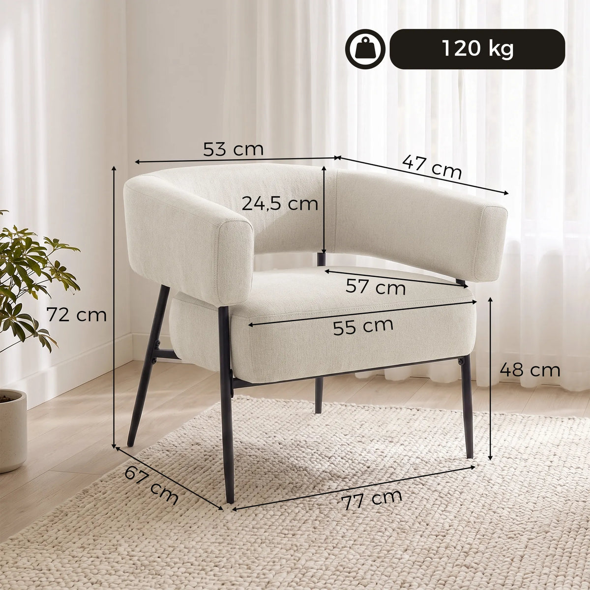 Fotelio matmenų schema centimetrais su nurodyta 120 kg apkrova