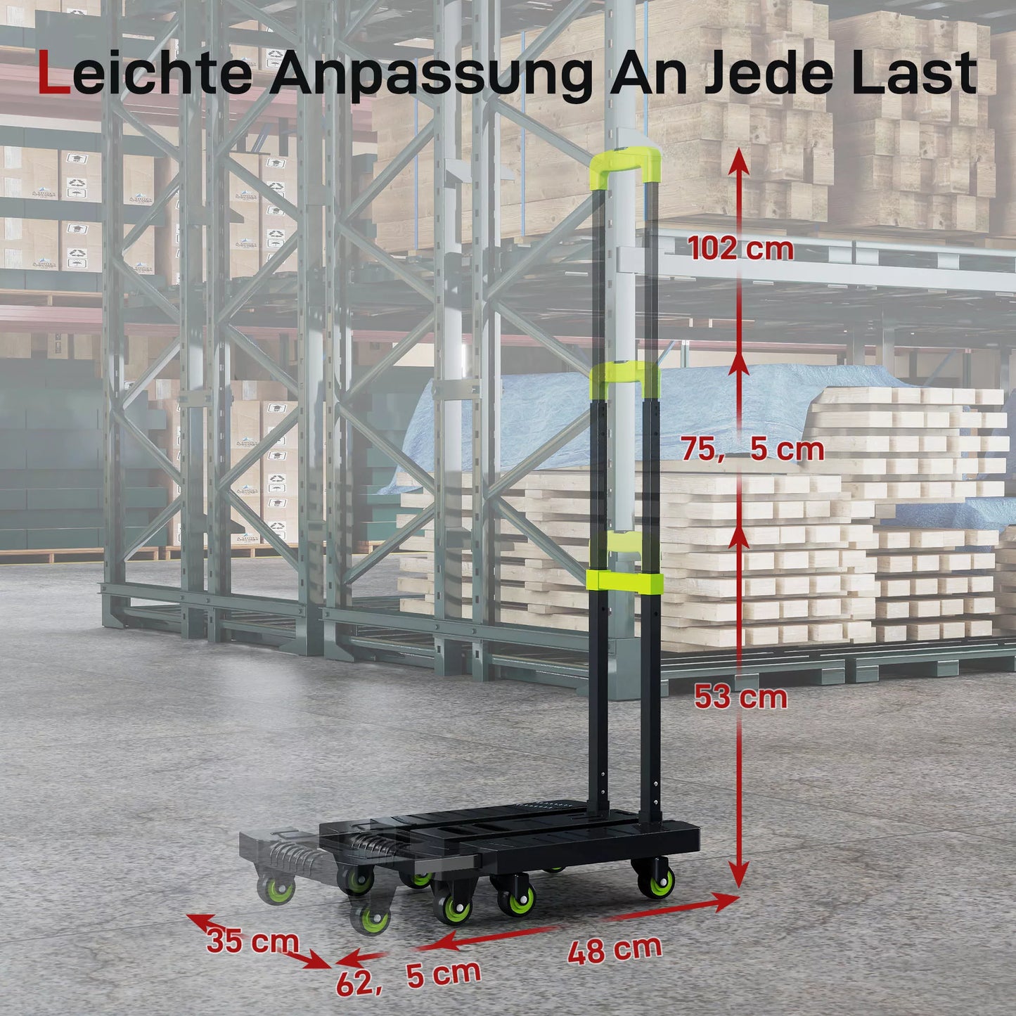 Sulankstomas metalinis vežimėlis su ratukais ir reguliuojamu rankenėle 49 x 35 x 102 cm Žalias