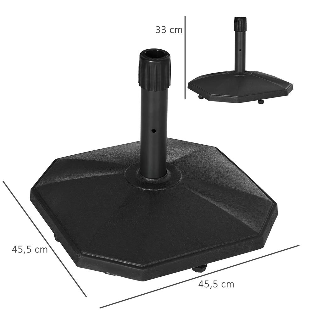 Skėčių stovas, 18 kg, cementinis užpildas, kompaktiška forma, plastikinis korpusas, juodos spalvos, 45,5 x 45,5 x 33 cm