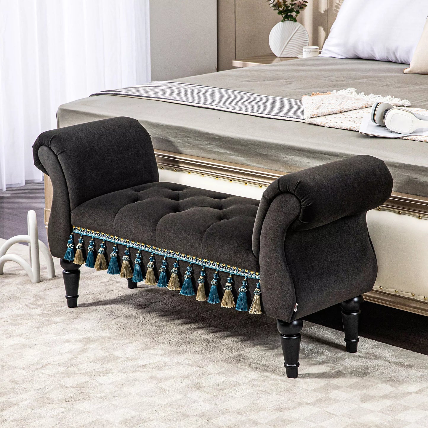 Minkštasuolis, sėdimasis suolas, vintažinis dizainas, iki 150 kg, 117x40x58 cm, tamsiai pilkas