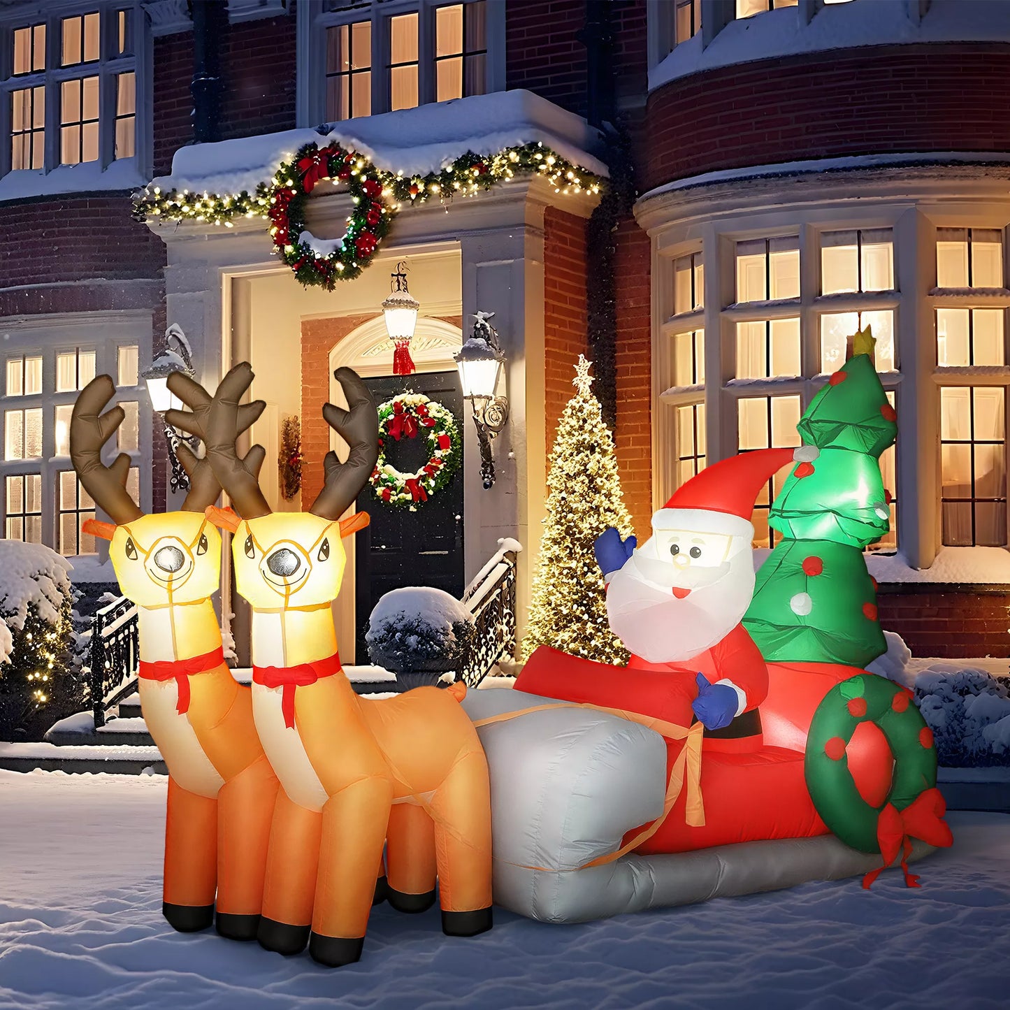 Pripučiama kalėdinė puošmena, Kalėdų senelis su elnių rogutėmis, poliesterio audinys, LED lemputės, spalvinga