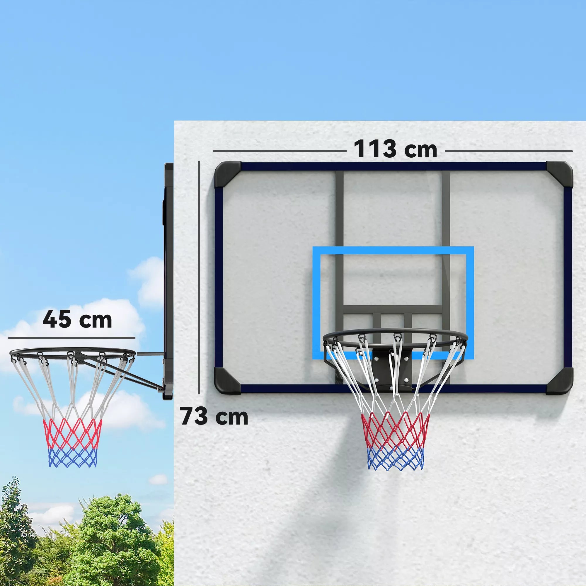Krepšinio lentos schema su matmenimis 113, 73 ir 45 cm