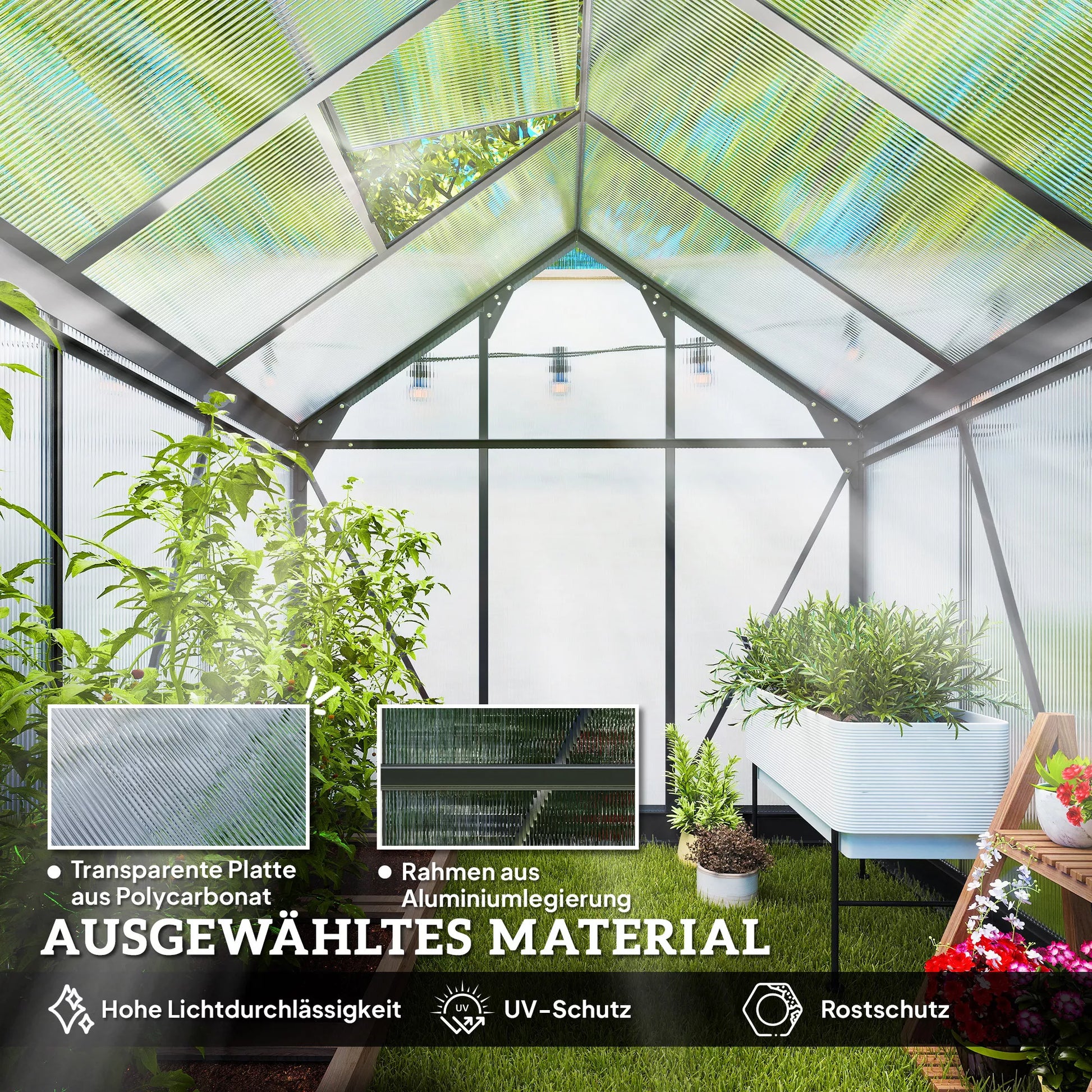 Aliumininis šiltnamis 3,65 m² su pamatu, stoglangiu ir stumdomomis durimis, 4 mm polikarbonatas, atsparus UV, 190×192×201 cm