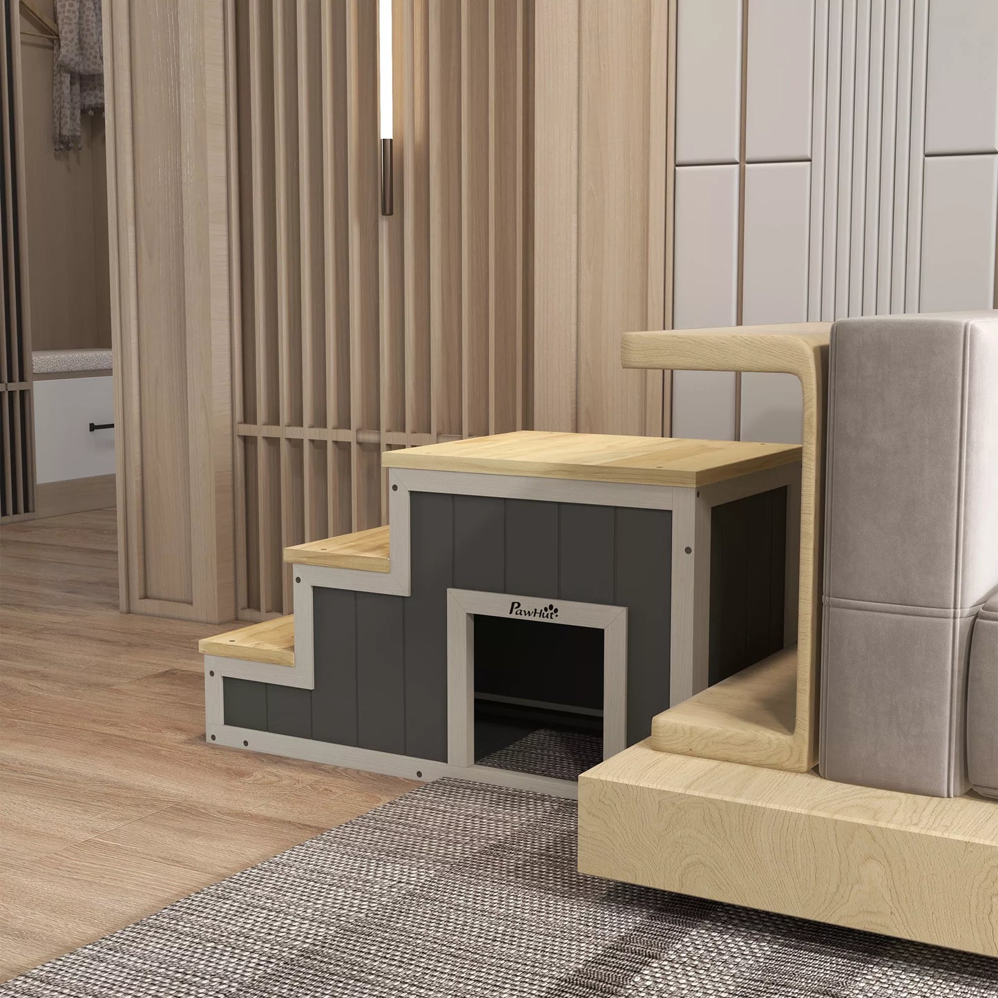 Laipsniai augintiniams, 3 pakopos, pušies mediena, 79 cm x 38,5 cm x 45 cm, natūralios spalvos + balta