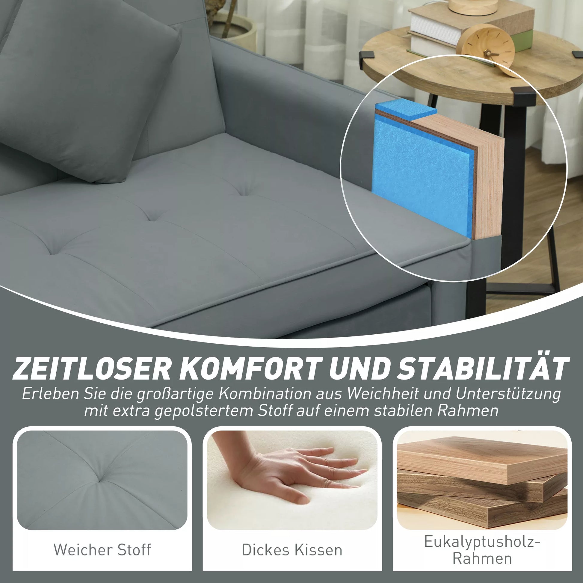 Miegamoji sofa, reguliuojama 3 vietų sofa su miegojimo funkcija, ištraukiama miegamoji sofa, pagalvėlės, pilka